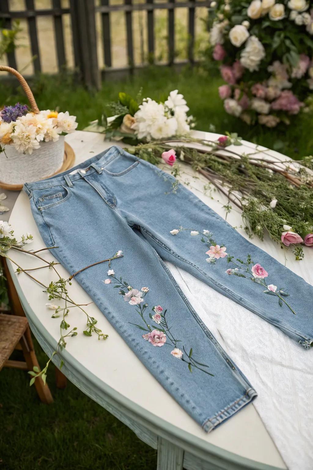 Floral embroidery adds a natural charm to denim.