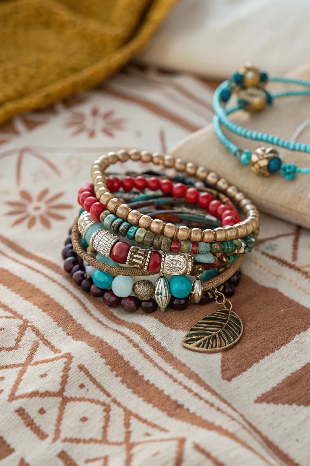 Layered bracelets create a personalized and eclectic look.