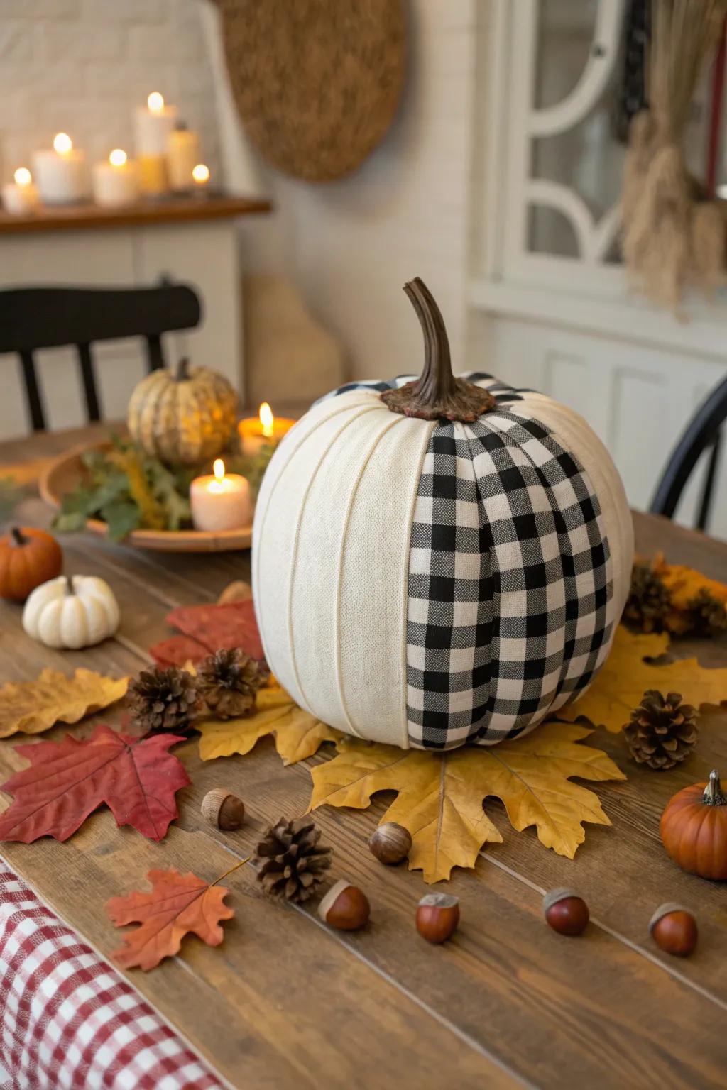 A gingham pattern pumpkin for a farmhouse feel.