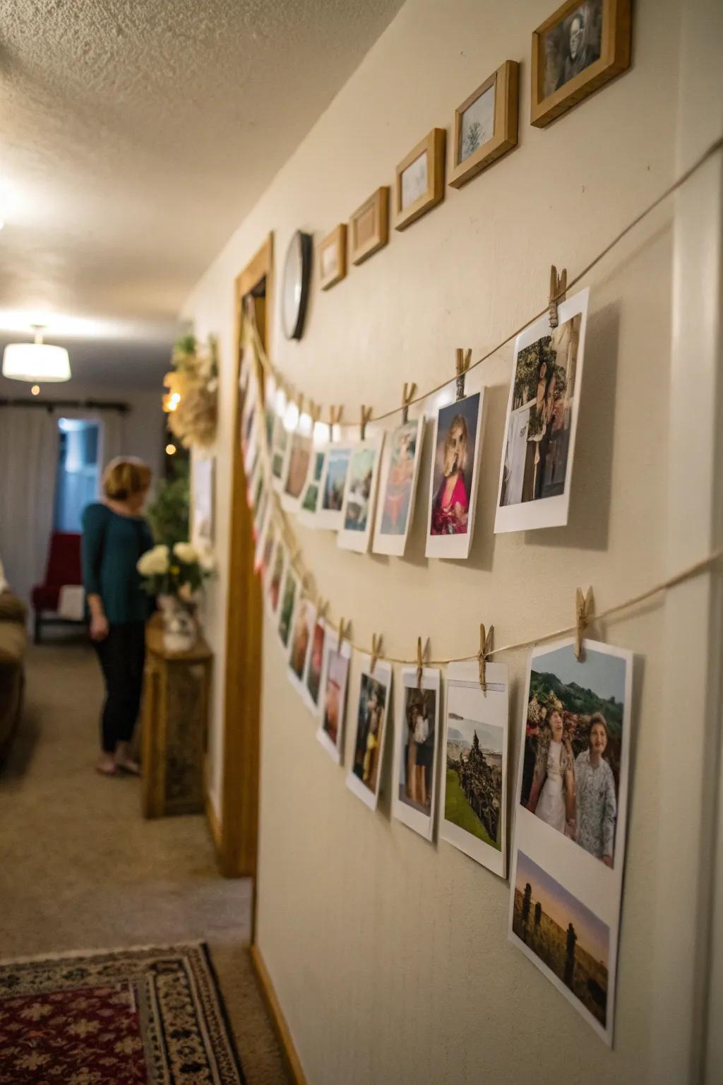 A photo clothesline offers a dynamic and personal touch to this hallway.