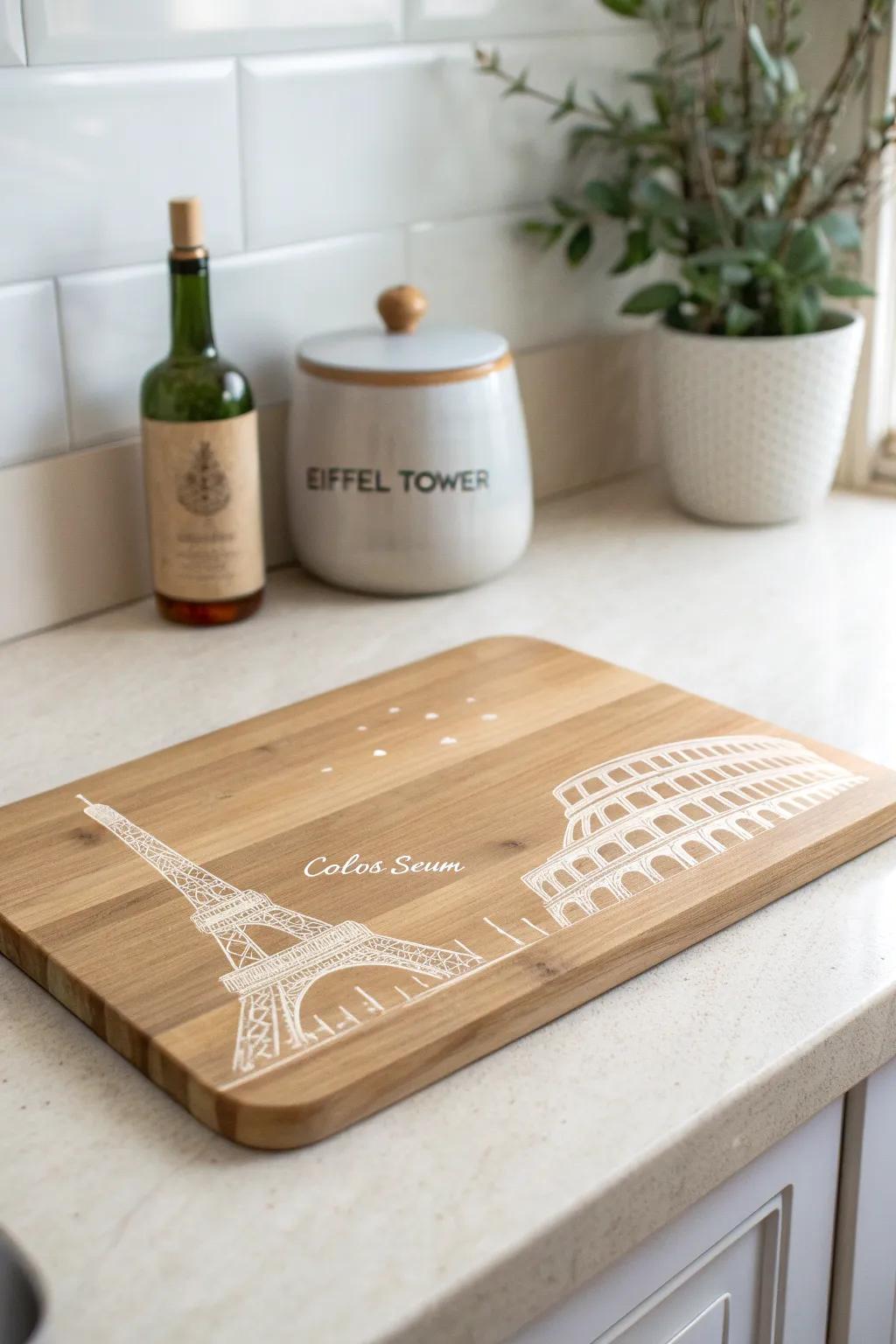 Embark on a culinary journey with every slice. This travel-inspired cutting board brings a world of wonder to your kitchen.