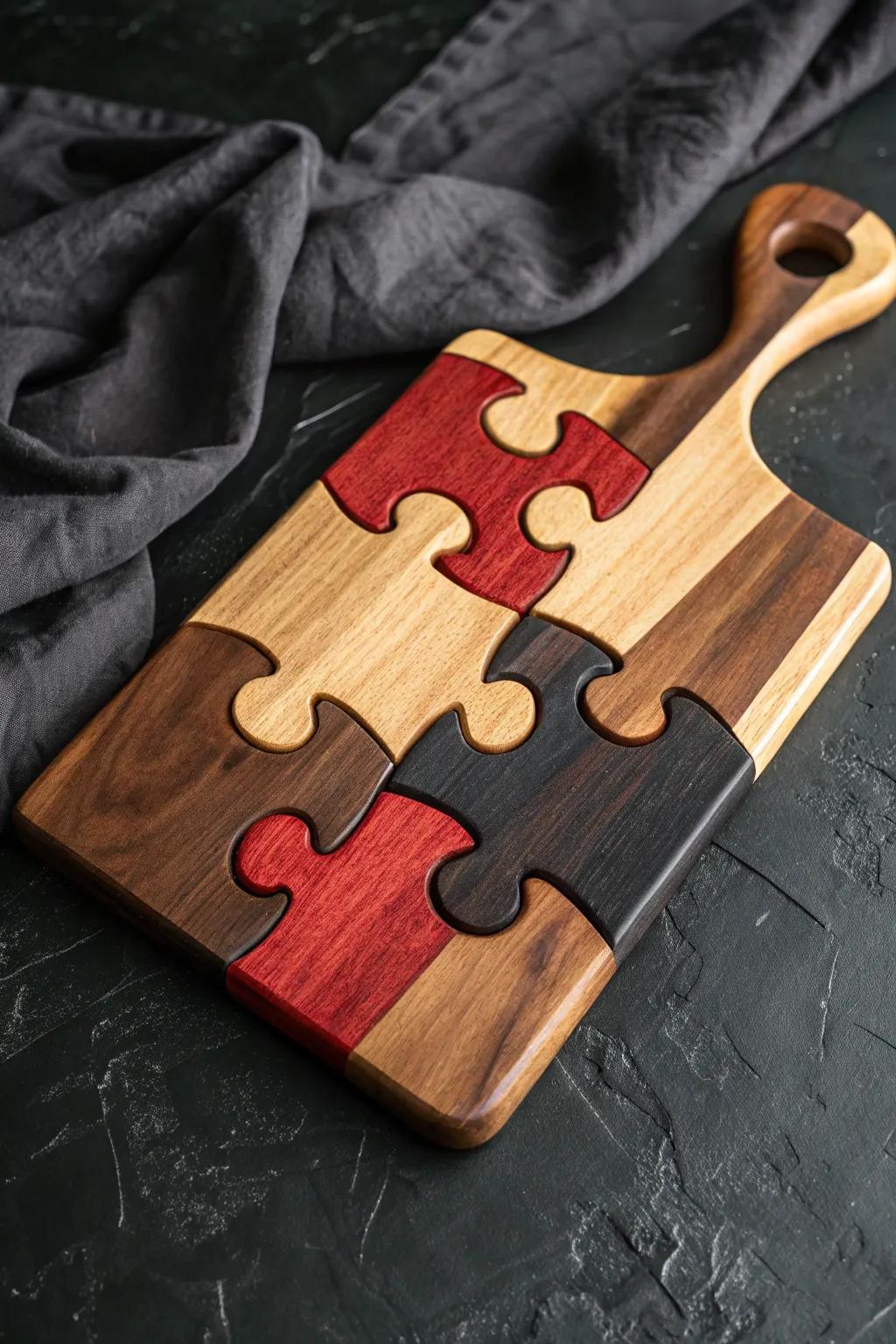 Elevate your kitchen game with this unique puzzle piece cutting board, where craftsmanship meets playful design.