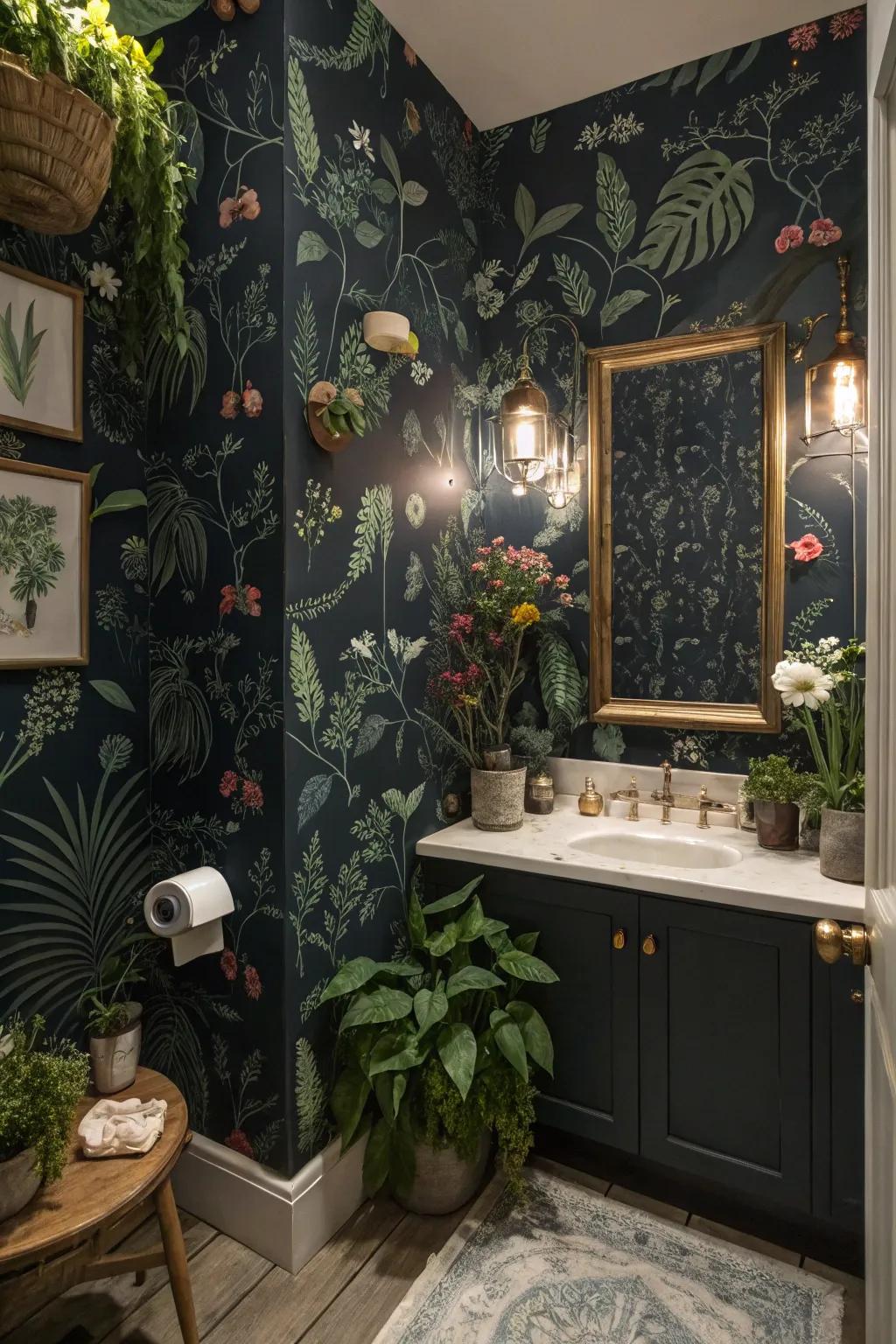 Midnight garden-themed wallpaper offers a serene, botanical bathroom escape.