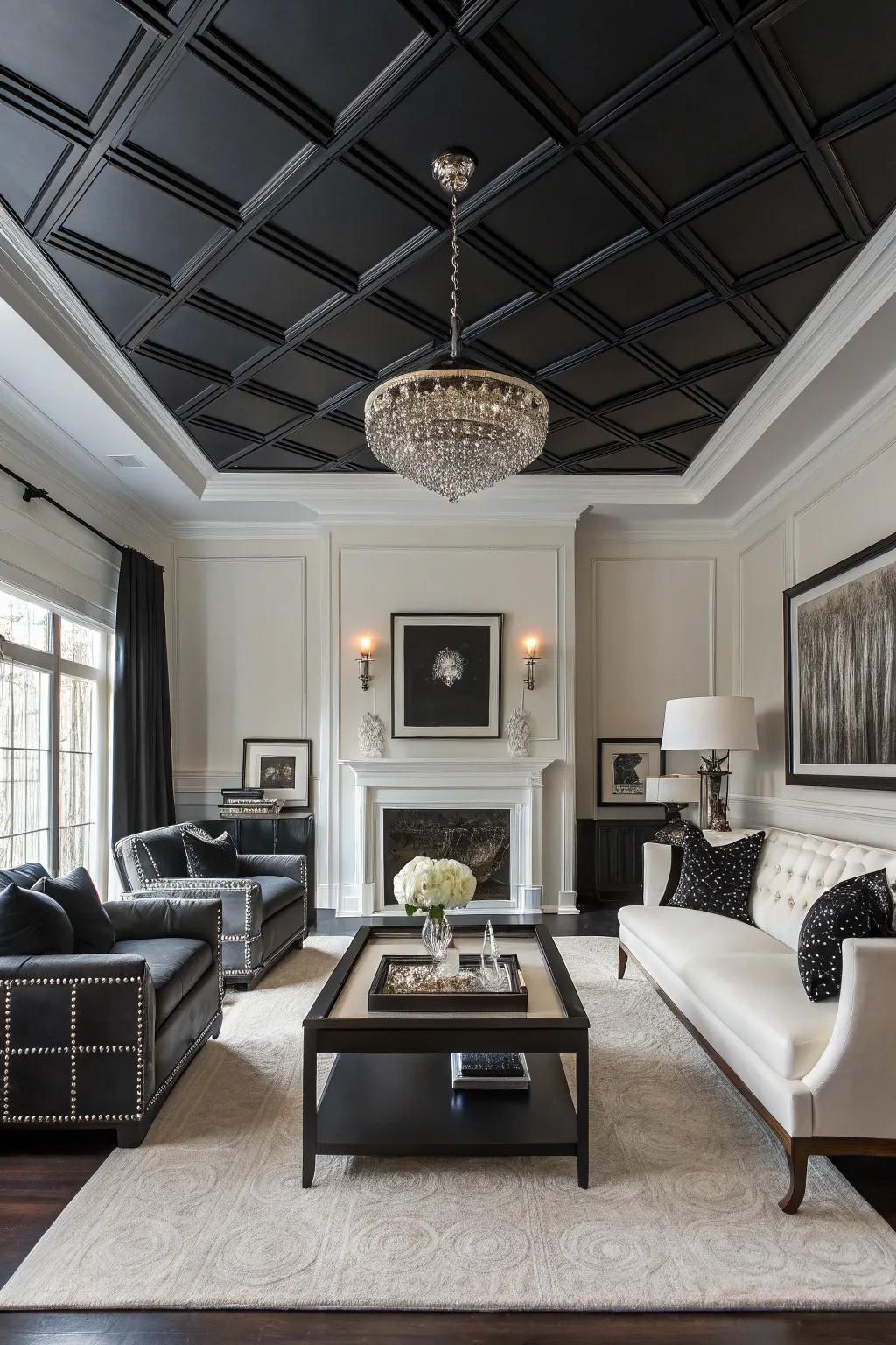 A living room with a tuxedo-style black ceiling that enhances a black-and-white theme.