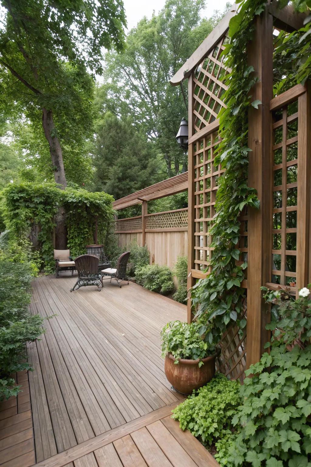 Existing walls and trellises are used to enhance privacy on this integrated deck.