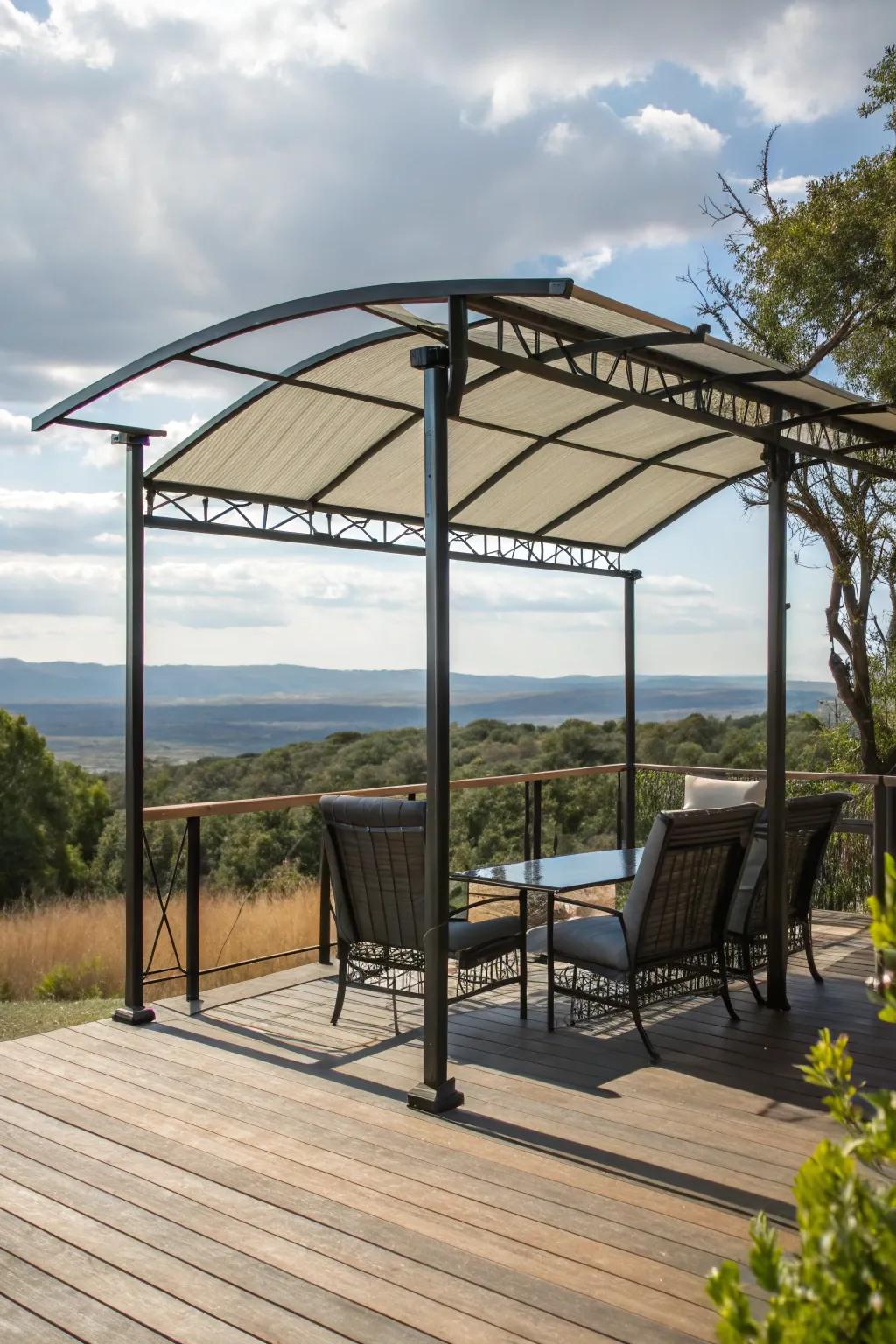 Steel-framed canopies offer strength and modern aesthetics.