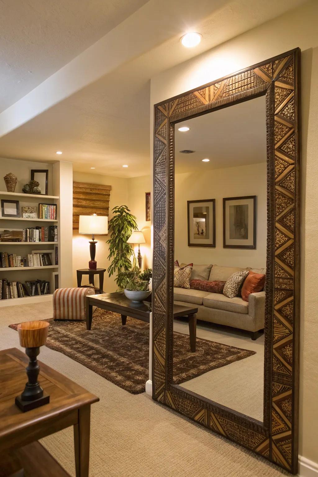 A mirror with a unique frame serves as art.