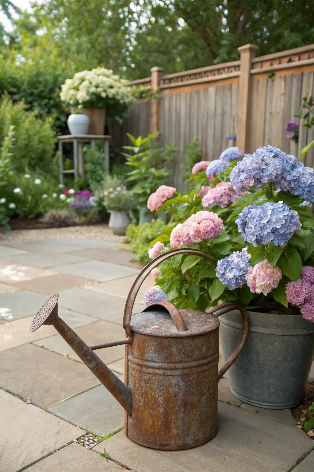 A vintage watering can filled with hydrangeas exudes nostalgic charm.