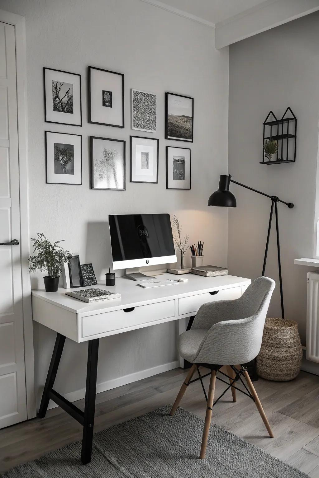 A monochromatic desk setup blending seamlessly with the room.