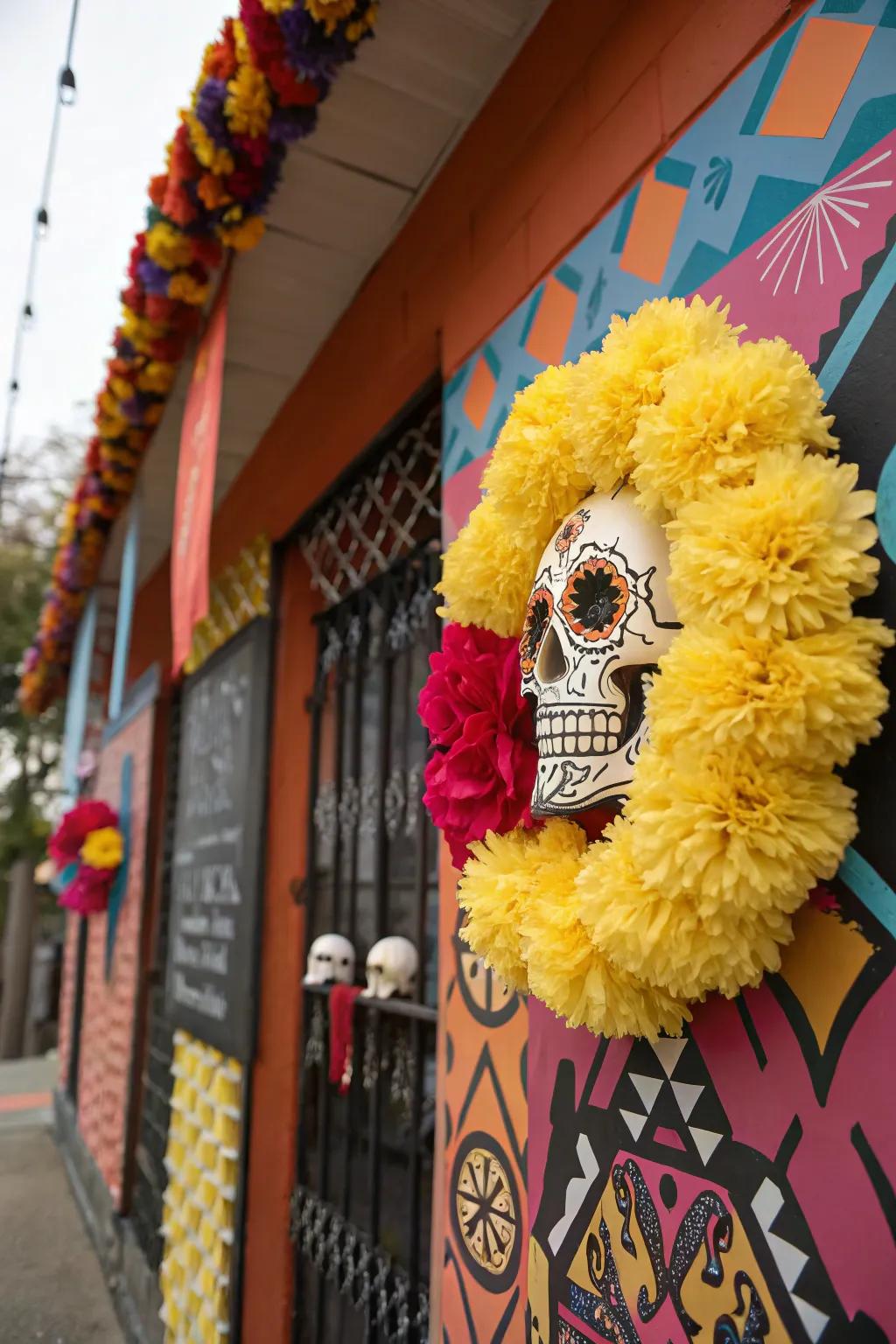 Playful and colorful, a pom-pom and skull wreath.