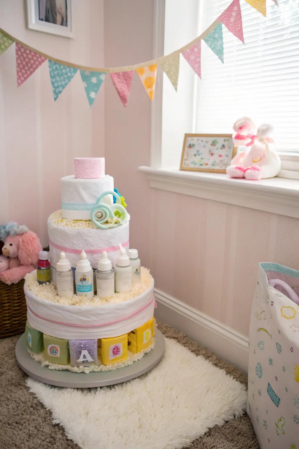 A diaper cake with a little extra love.