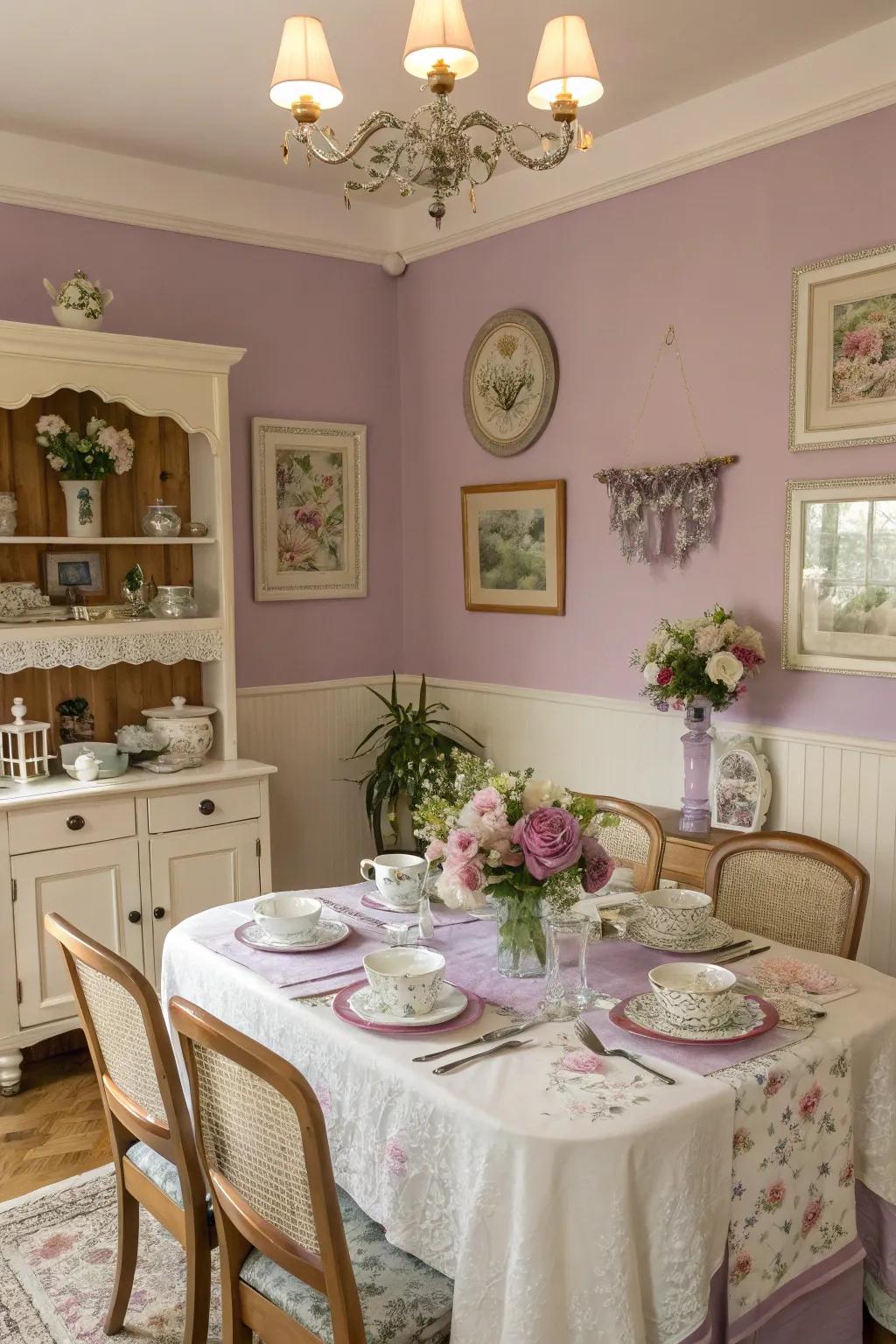 A charming dining room with lavender and cream hues.