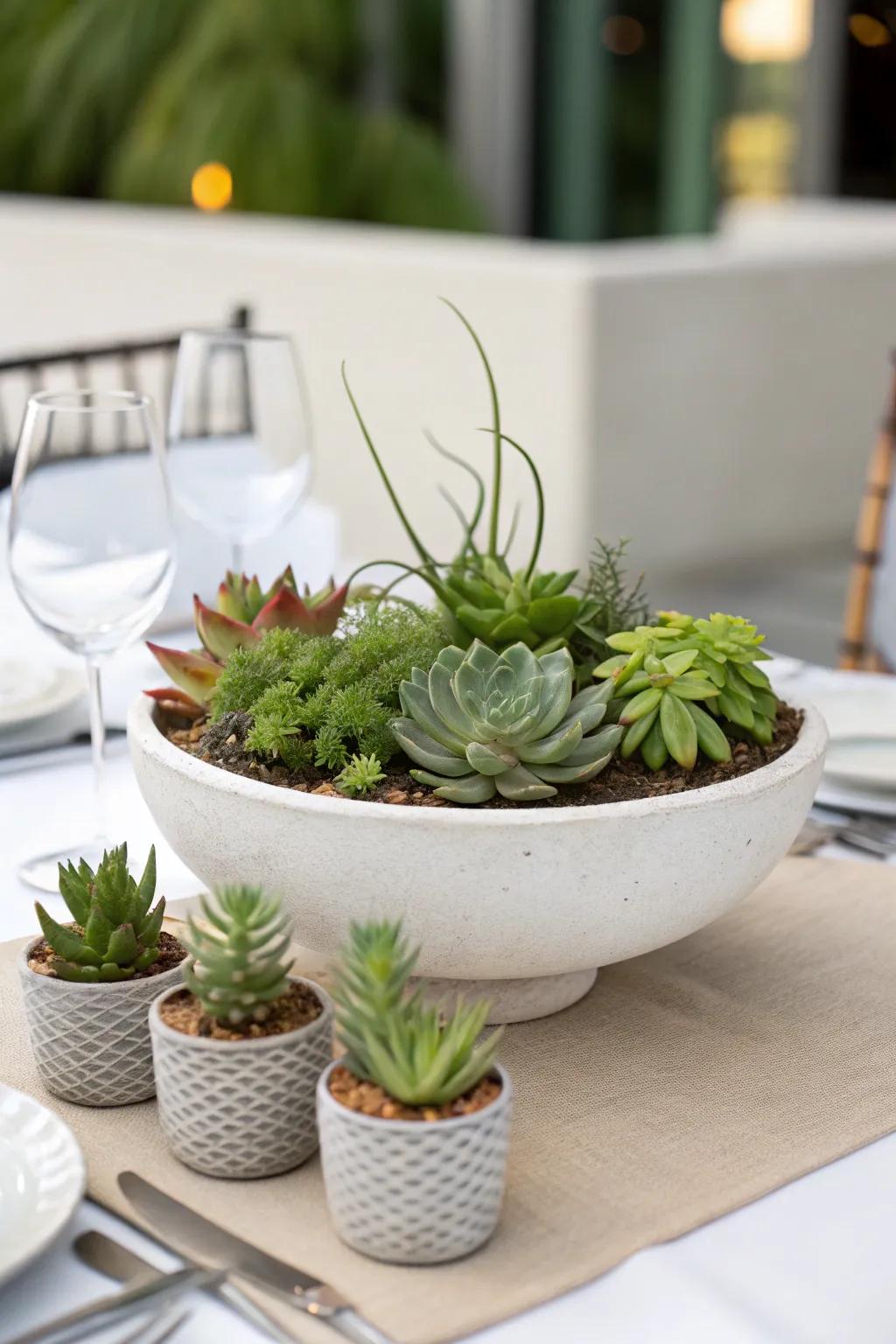 A modern centerpiece featuring succulents in small pots and a large planter, adding a touch of green.