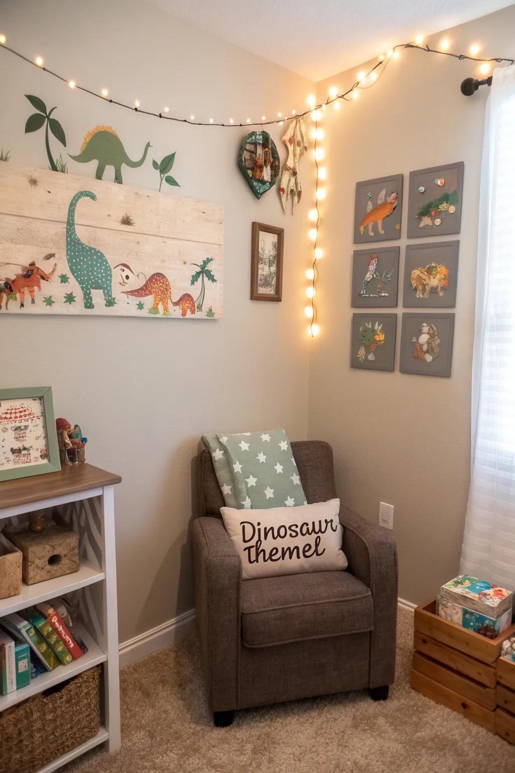 A small space transformed into a delightful dinosaur-themed corner.