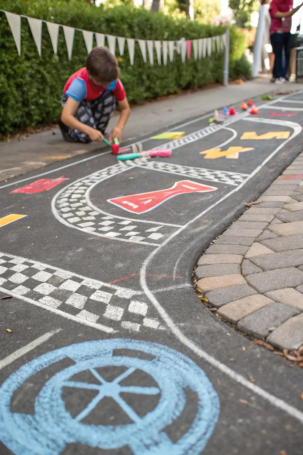 Transform your backyard with bold, colorful chalk art — a striking touch for any DIY race track enthusiast!
