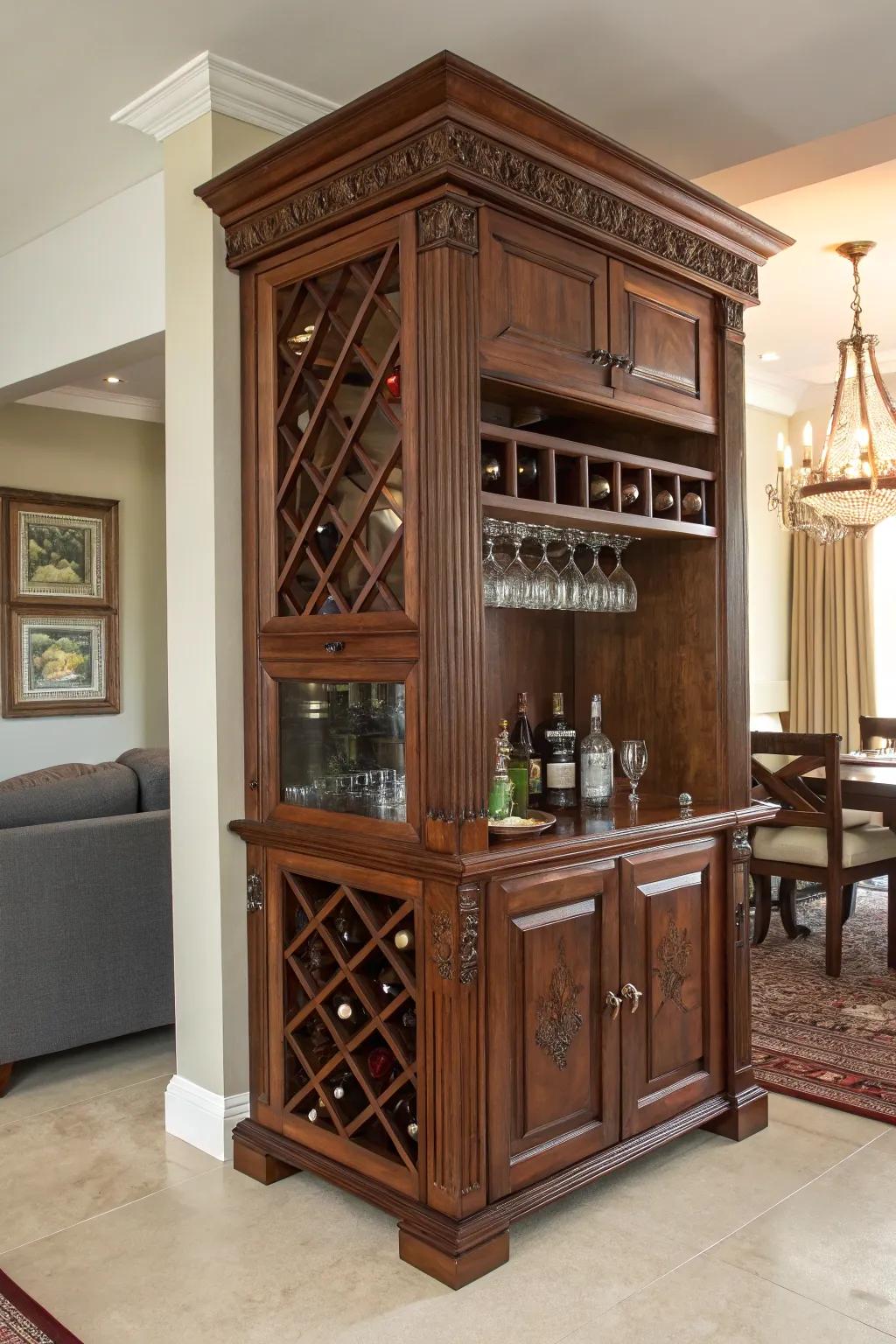 Elevate your home with a stylish corner cabinet bar, where craftsmanship meets functionality.