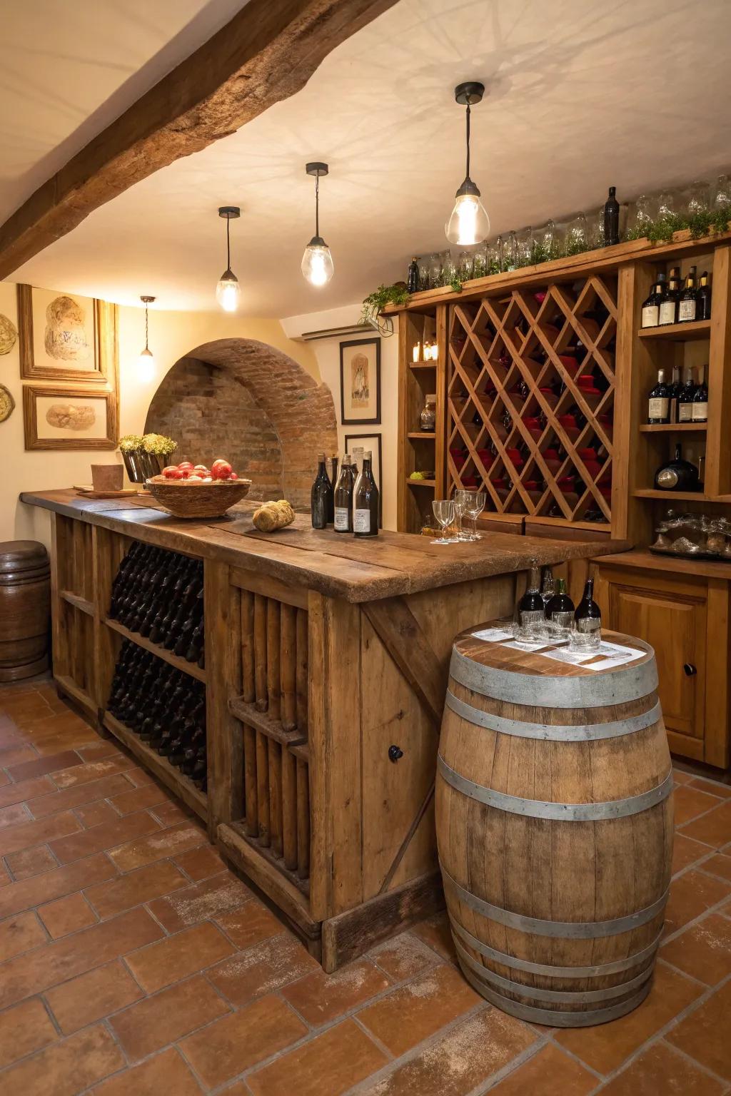 A rustic wine barrel bar that's both functional and stylish.