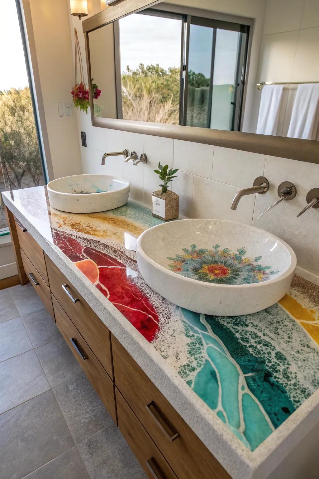 Personalize your bathroom with vibrant resin art countertops.