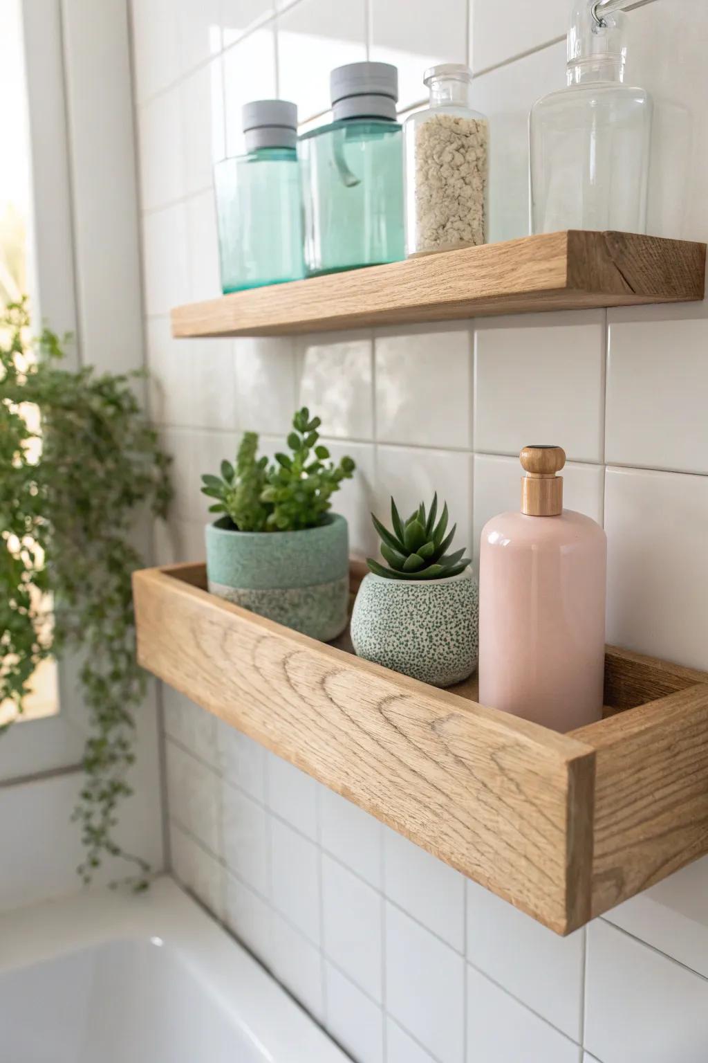 Elevate your bathroom space with stylish floating shelves that blend function and beauty effortlessly.