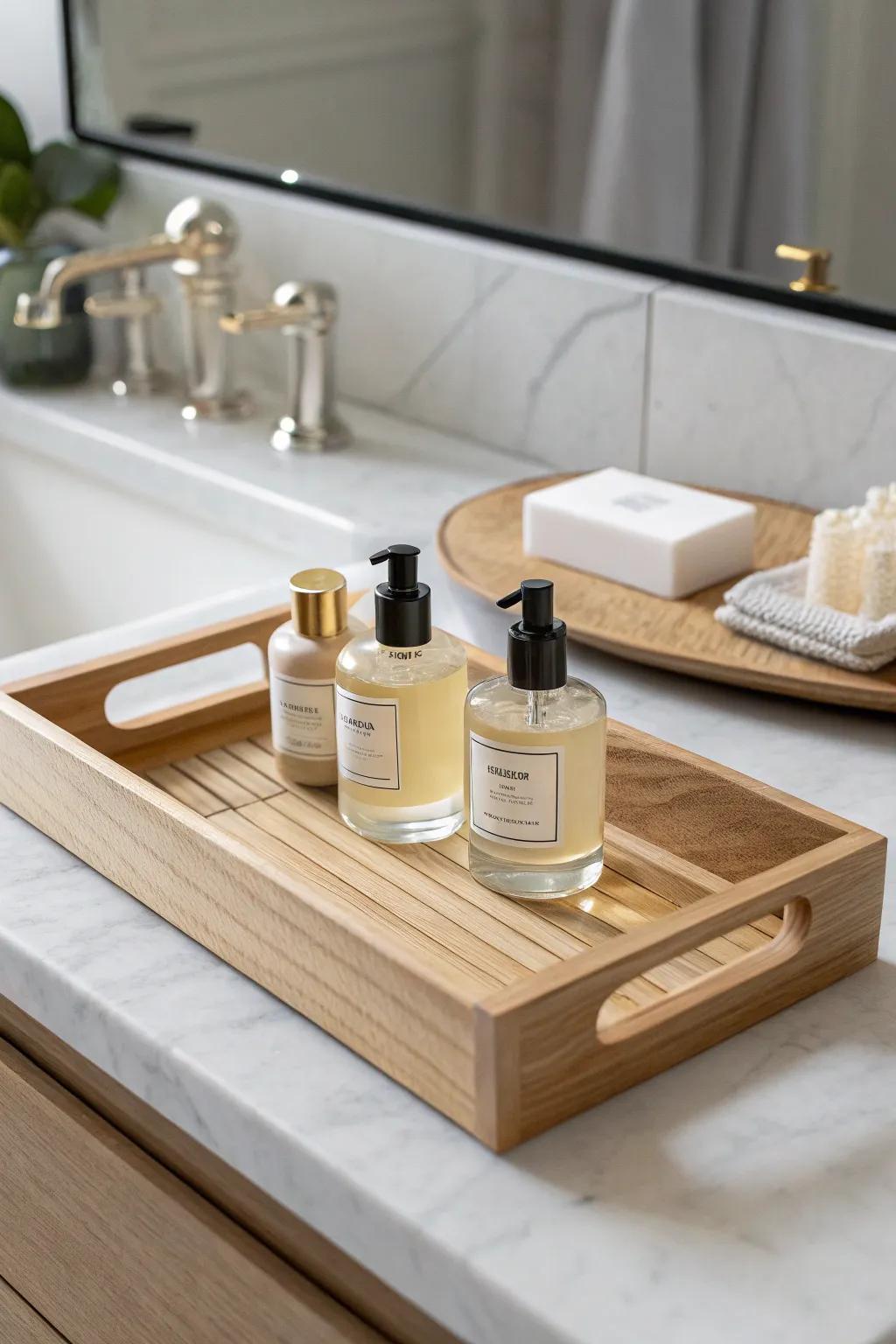 Elevate your bathroom aesthetics with a chic wooden tray that seamlessly blends Scandinavian minimalism with boho charm.