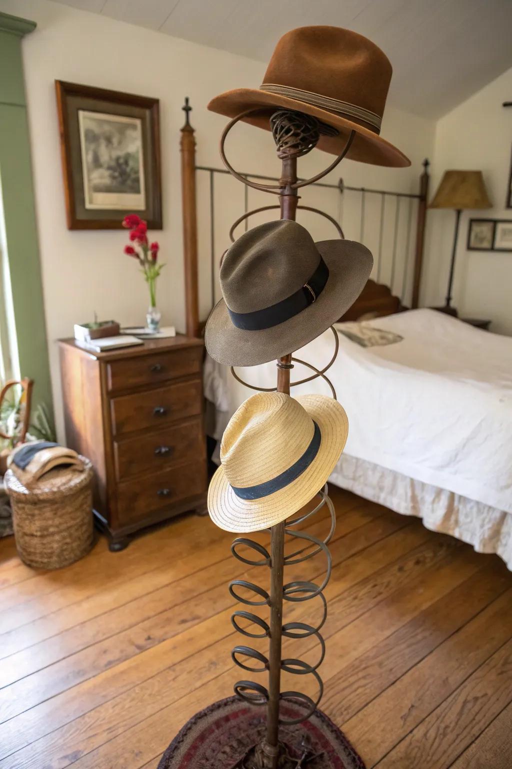 A charming way to organize and display hats using a bed spring.