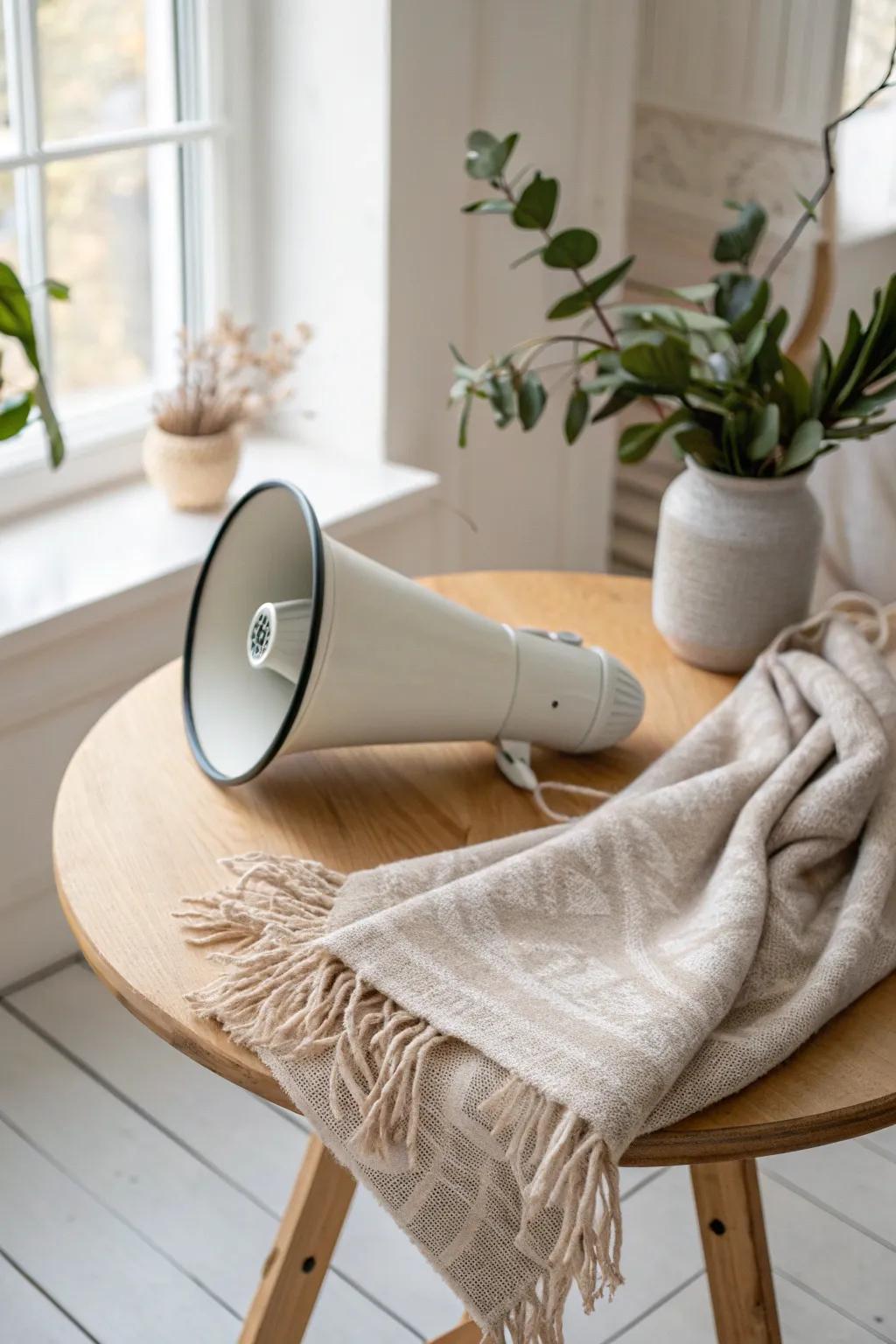 Embrace the beauty of simplicity with a cozy, fabric-wrapped megaphone that speaks volumes.