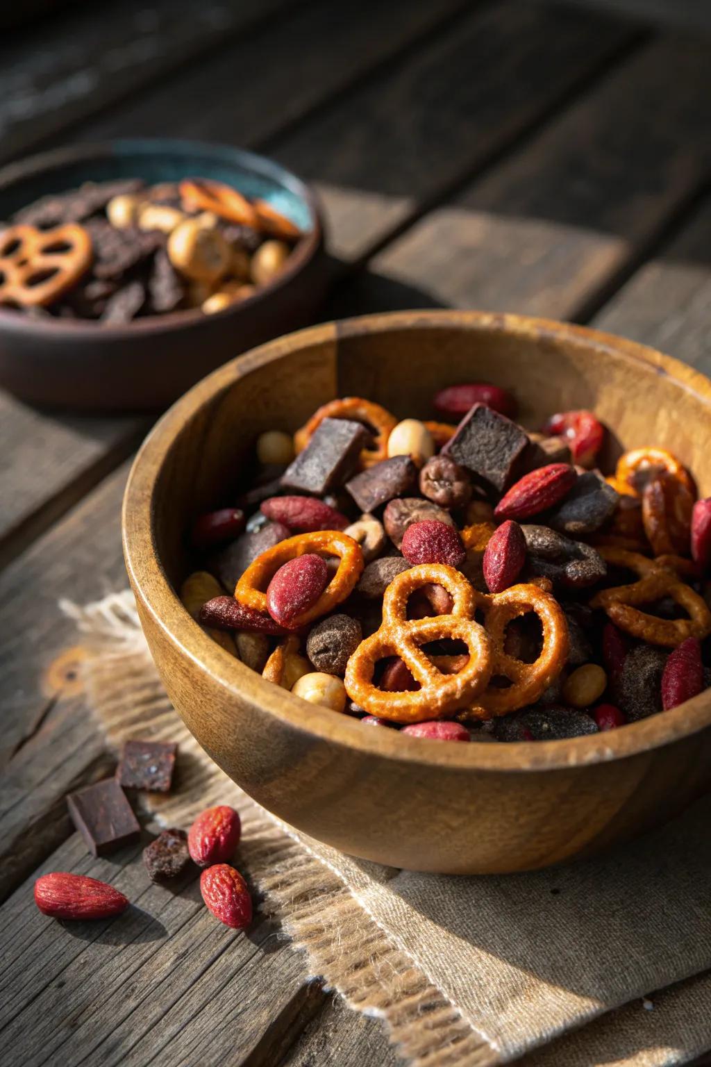 Craft the ultimate snack mix for Dad—a perfect blend of nuts, pretzels, and chocolate.