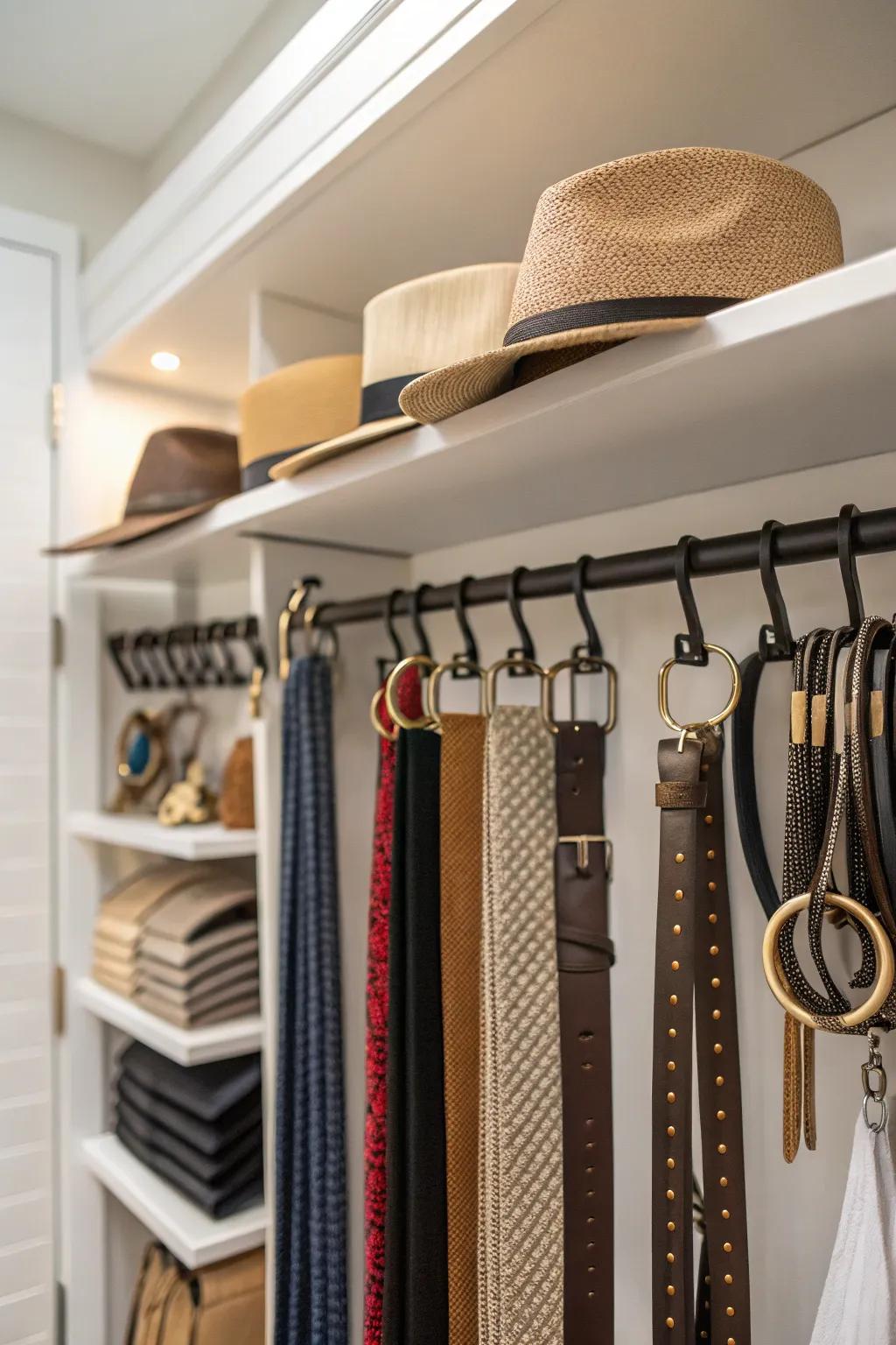 Hooks and racks optimize space and keep accessories organized.