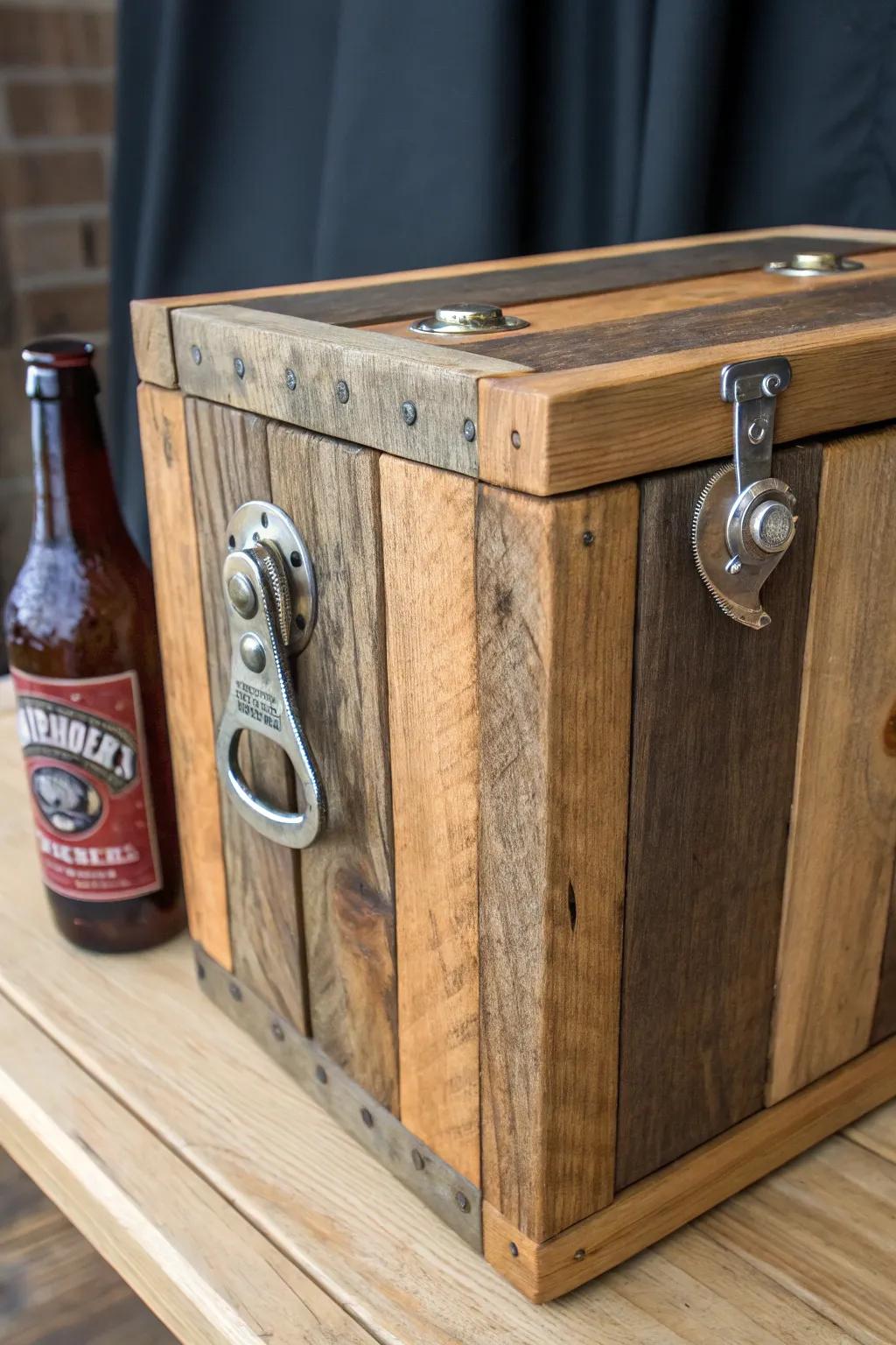 Elevate your outdoor gatherings with this stylish upcycled cooler, complete with a vintage bottle opener.