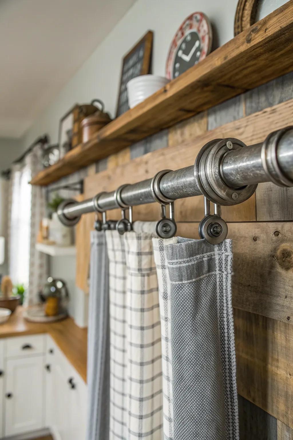 Elevate your rustic kitchen decor with galvanized pipe curtain rods for an industrial farmhouse charm.