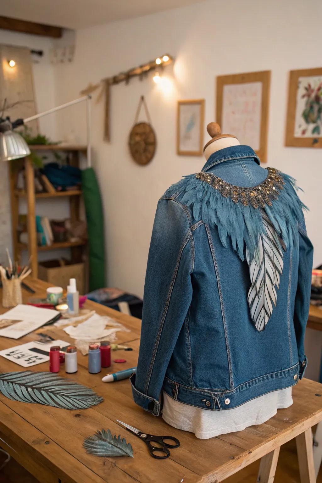 Whimsy with denim feathers.