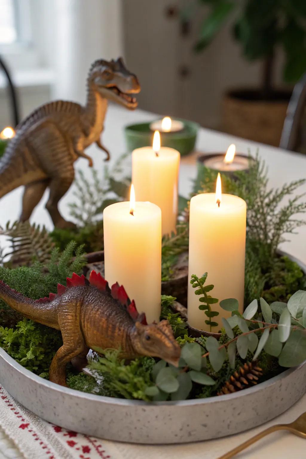 Create a cozy ambiance with a dino-themed candle centerpiece.