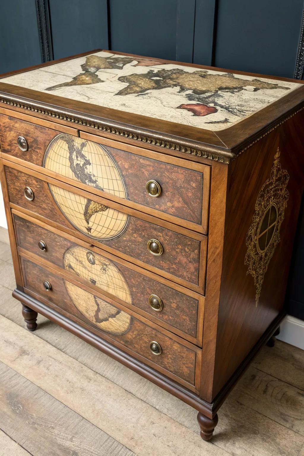 Transform your dresser into a masterpiece with a vintage map transfer—where craftsmanship meets artistry.