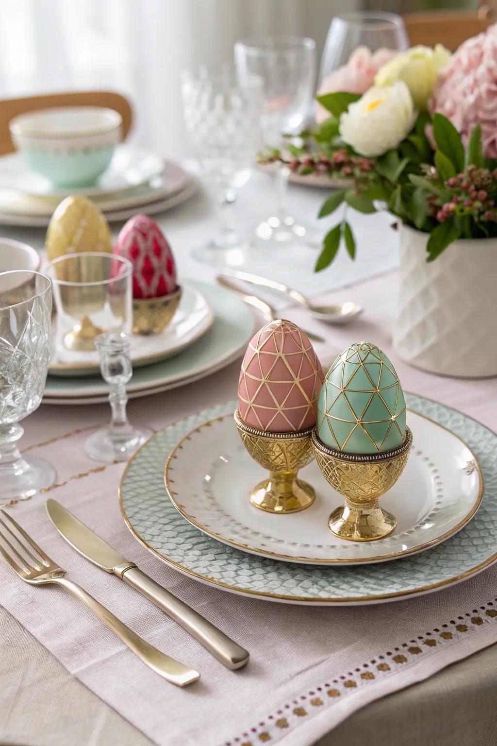 Faceted Easter egg place card holders add a stylish touch to your Easter table setting.