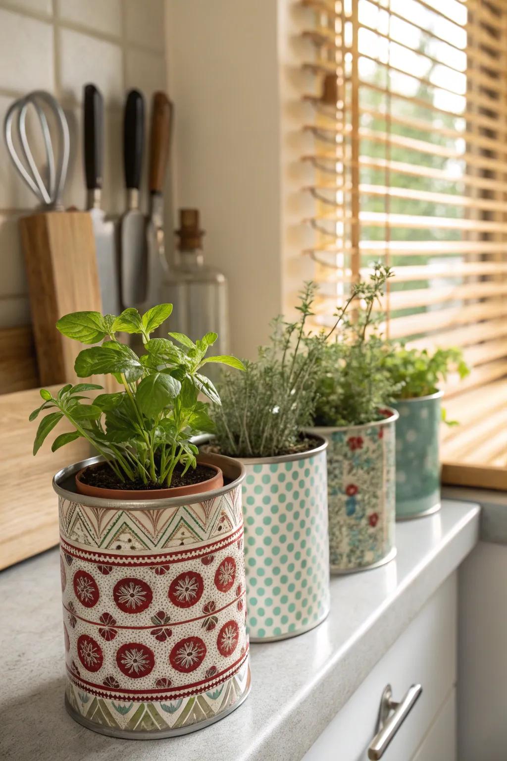 Decorative tin can planters add a touch of pattern to your herb garden.