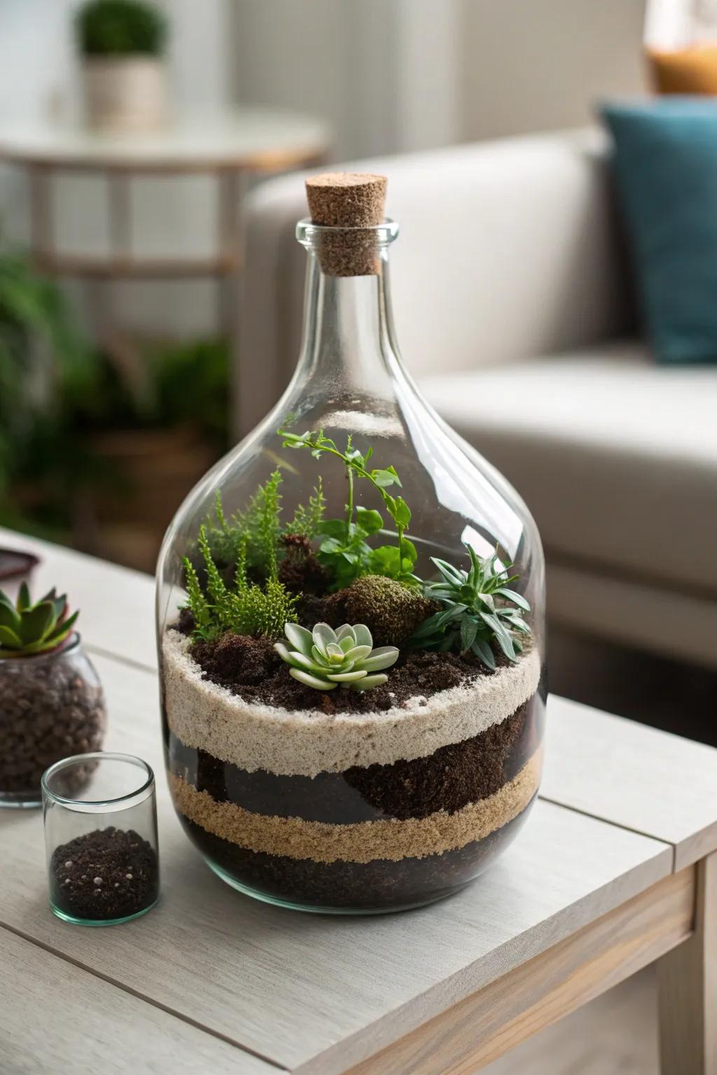 Create your own little world with a bottle terrarium – a perfect blend of simplicity and natural beauty for your coffee table.