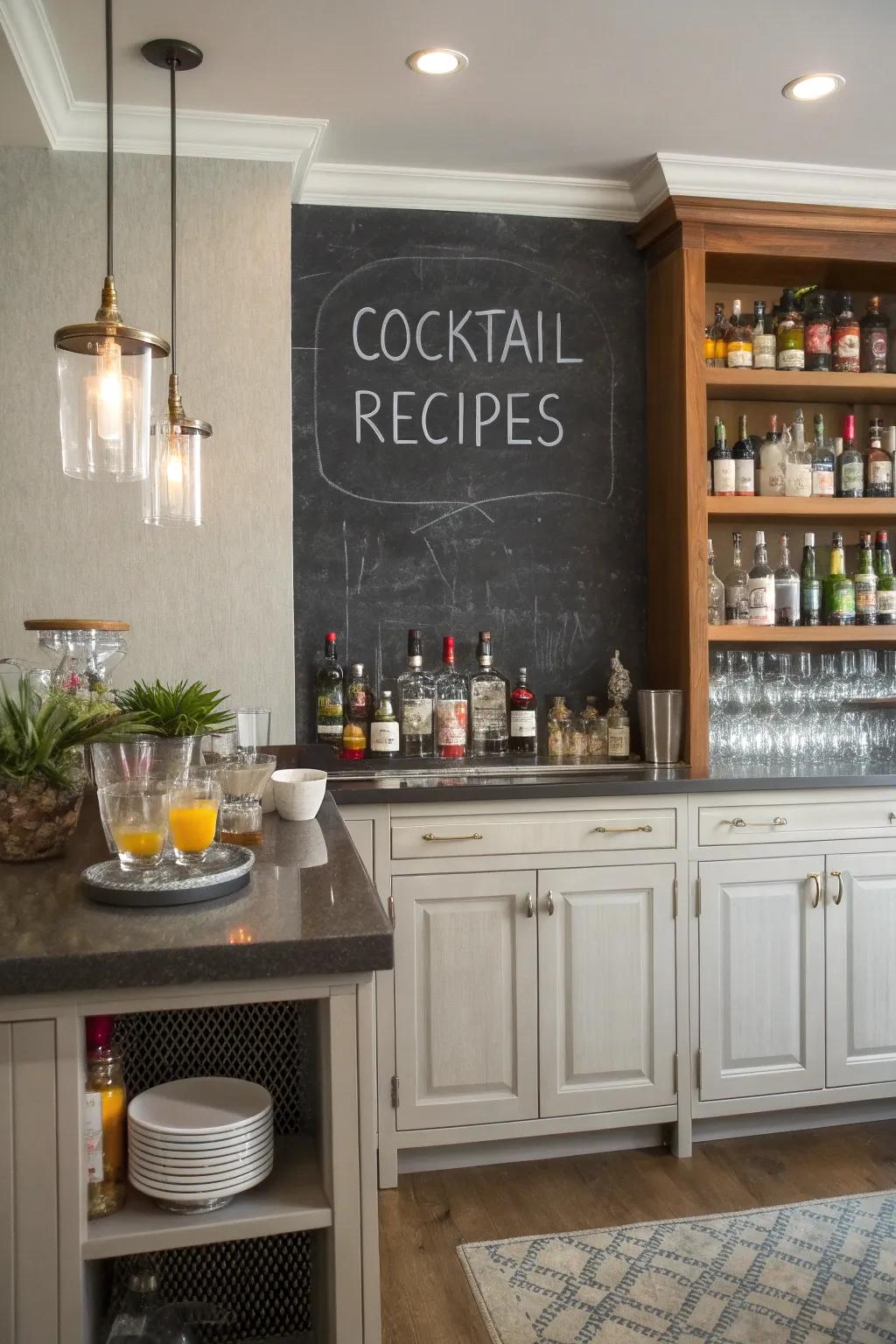 A chalkboard wall adds a playful and personal touch to your home bar setup.