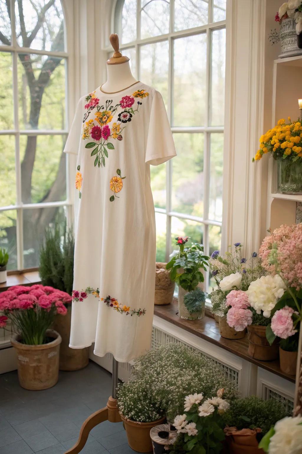 A t-shirt dress with floral embellishments, perfect for a springtime look.