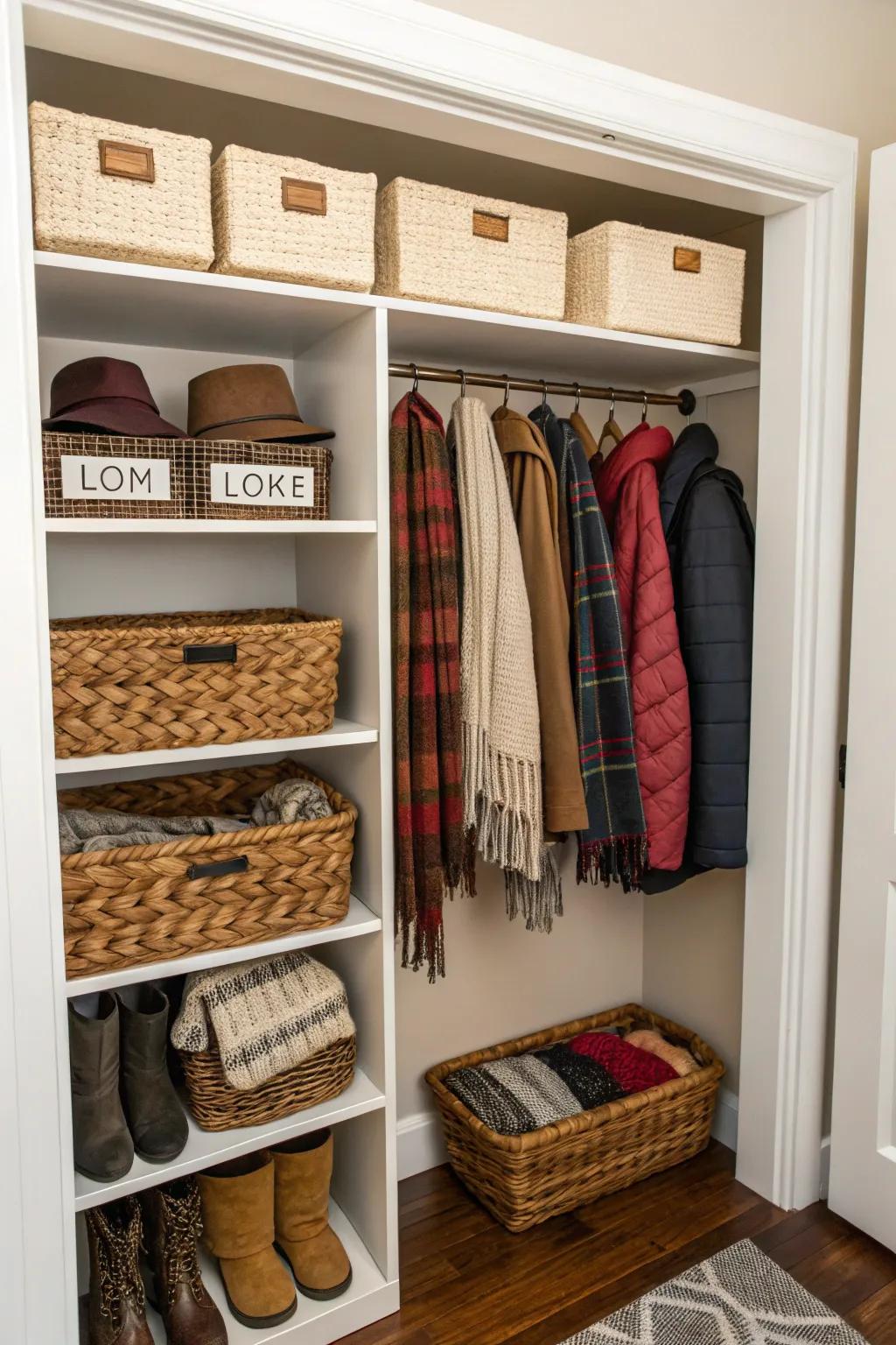 Baskets provide organized storage for seasonal items in a small closet.