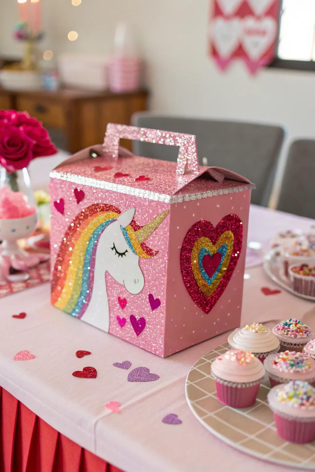 A dazzling unicorn box with sparkling sequin accents.