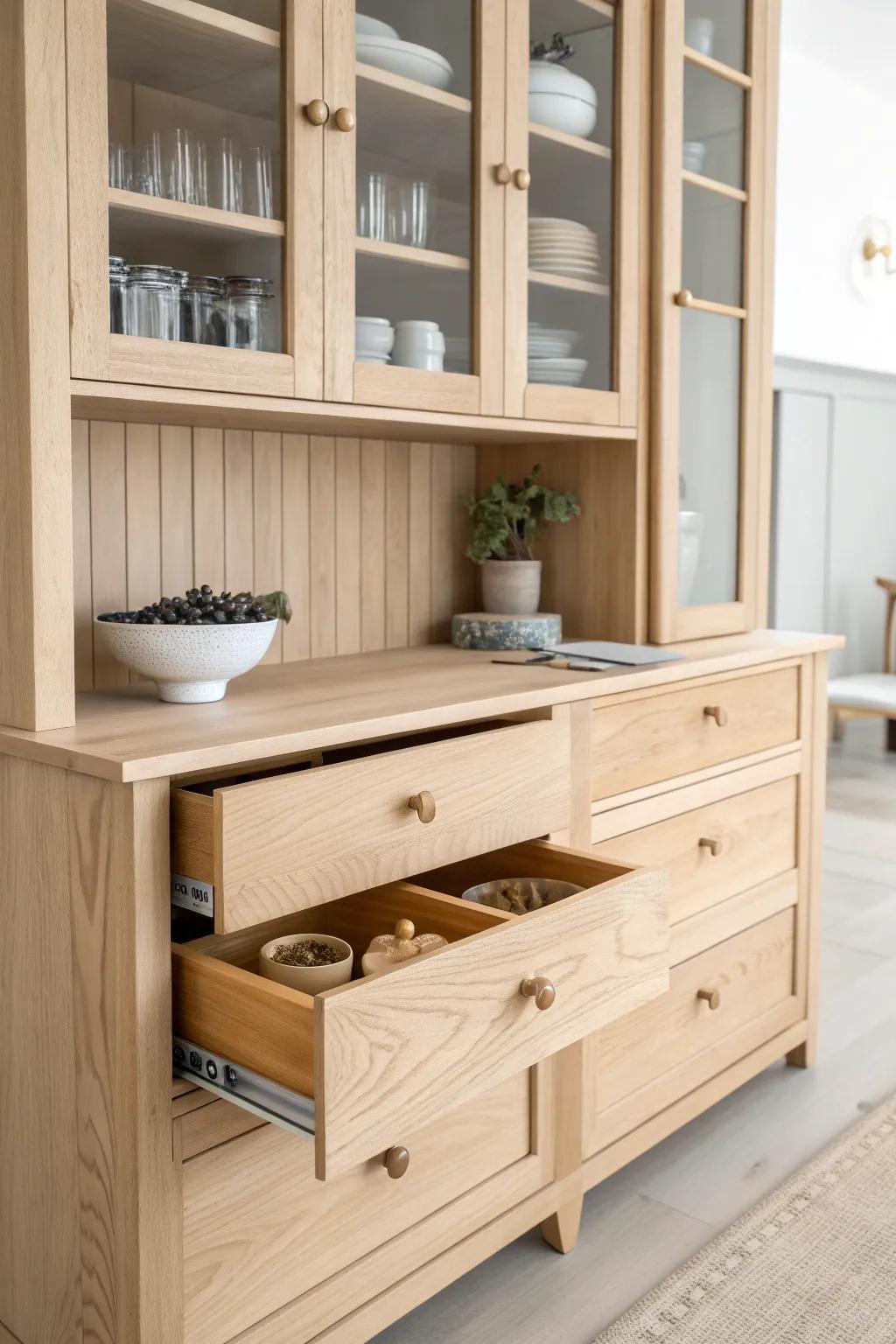 Discover the elegance of hidden storage with this minimalist kitchen hutch design. Perfect for keeping your essentials neatly tucked away!