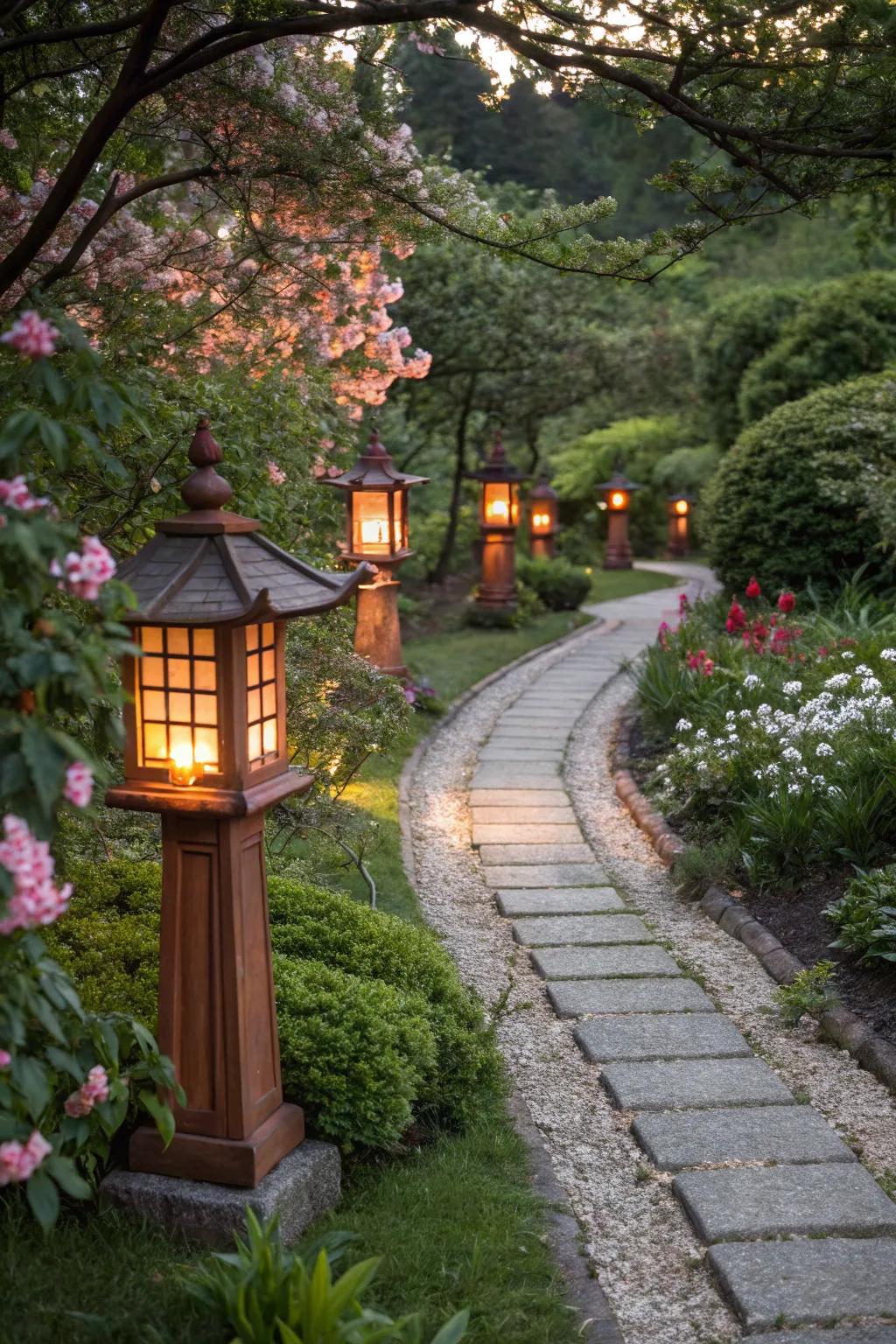 Terracotta lanterns provide an earthy, serene light in gardens.