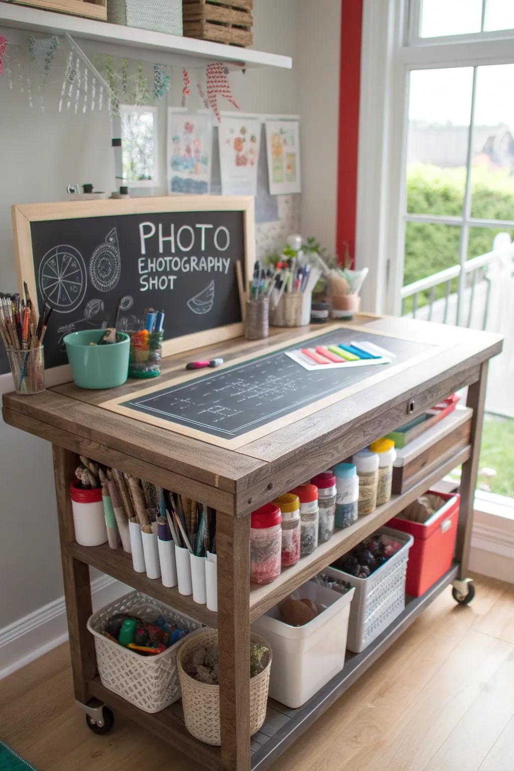 Unleash creativity with a chalkboard surface on this workbench.