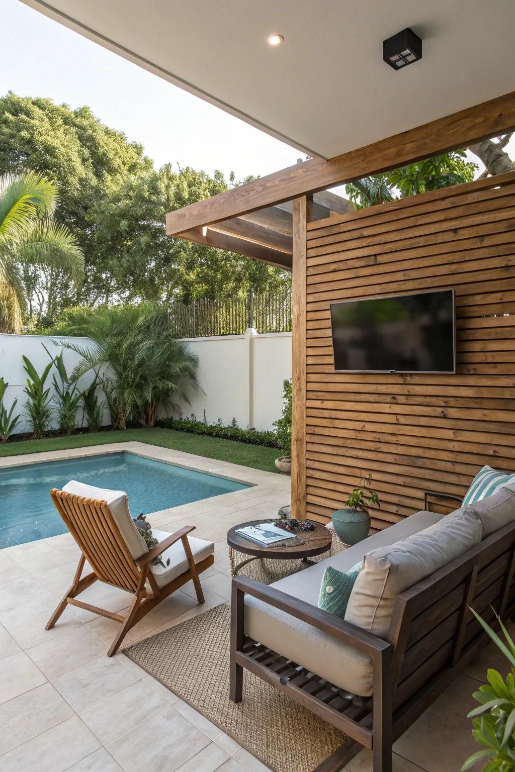 A poolside lounge with a TV setup invites relaxation and entertainment.