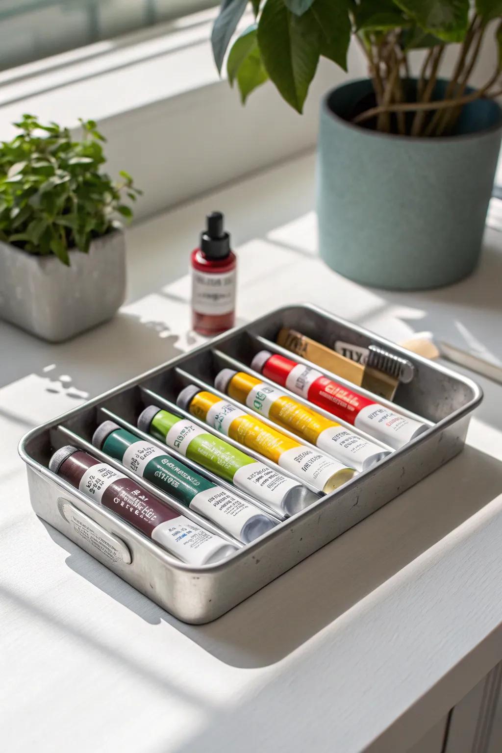 Transform your kitchen drawer trays into a vibrant paint storage solution—where functionality meets minimalist charm!