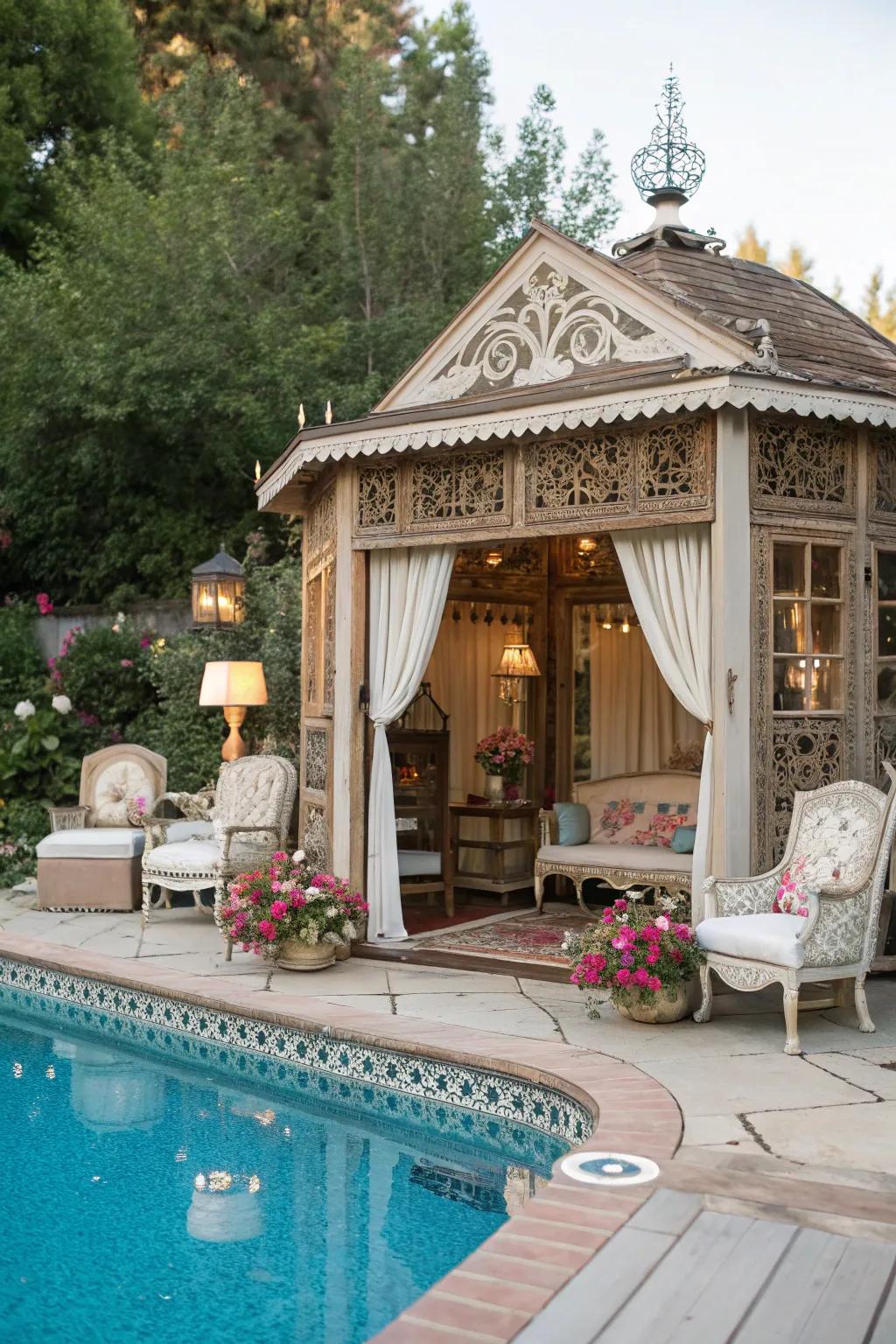 A vintage glam cabana exudes timeless elegance and luxury.