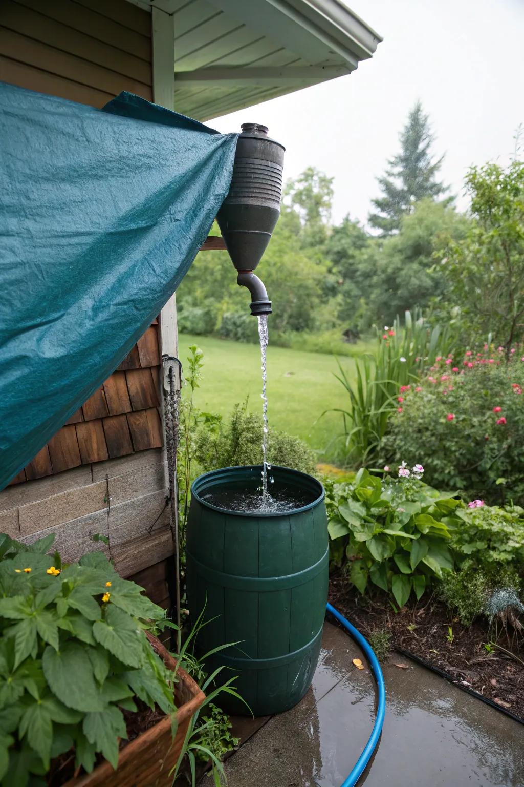 A clever gutterless system channels rainwater efficiently into a barrel.