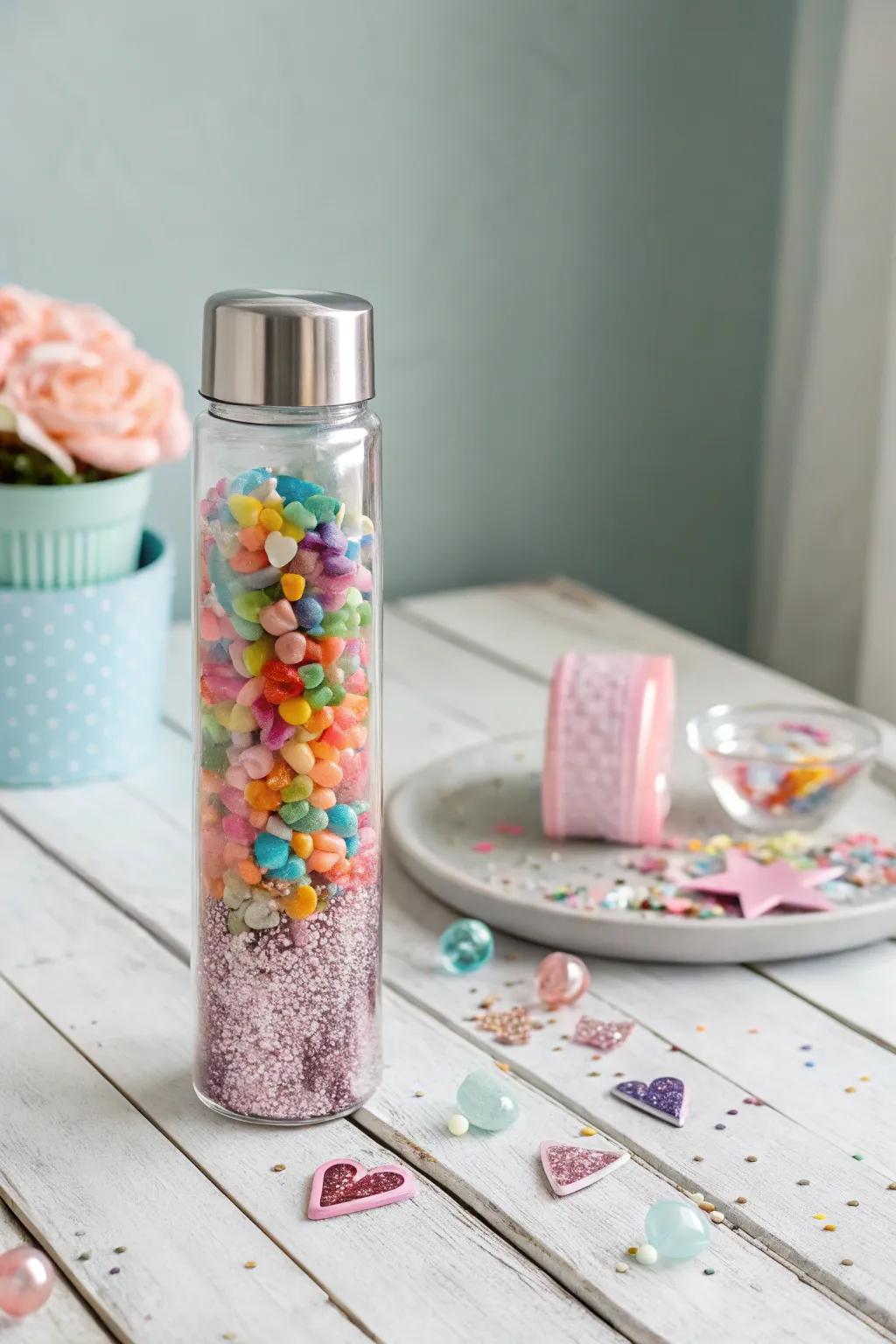 Discover the magic of a sweet, sugar-free delight with this enchanting candy-themed sensory bottle.