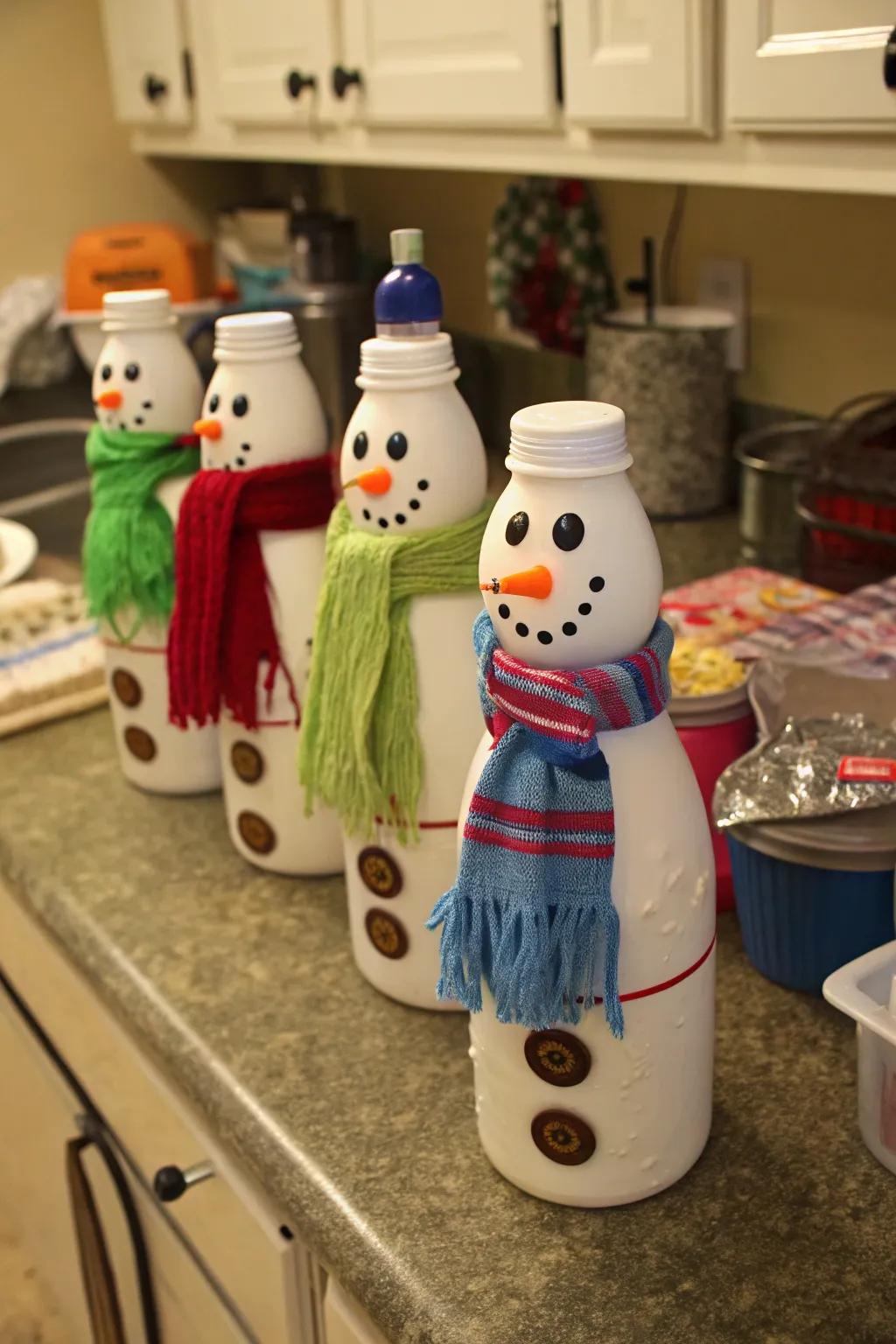 Recycling has never been so fun with these creamer bottle snowmen.