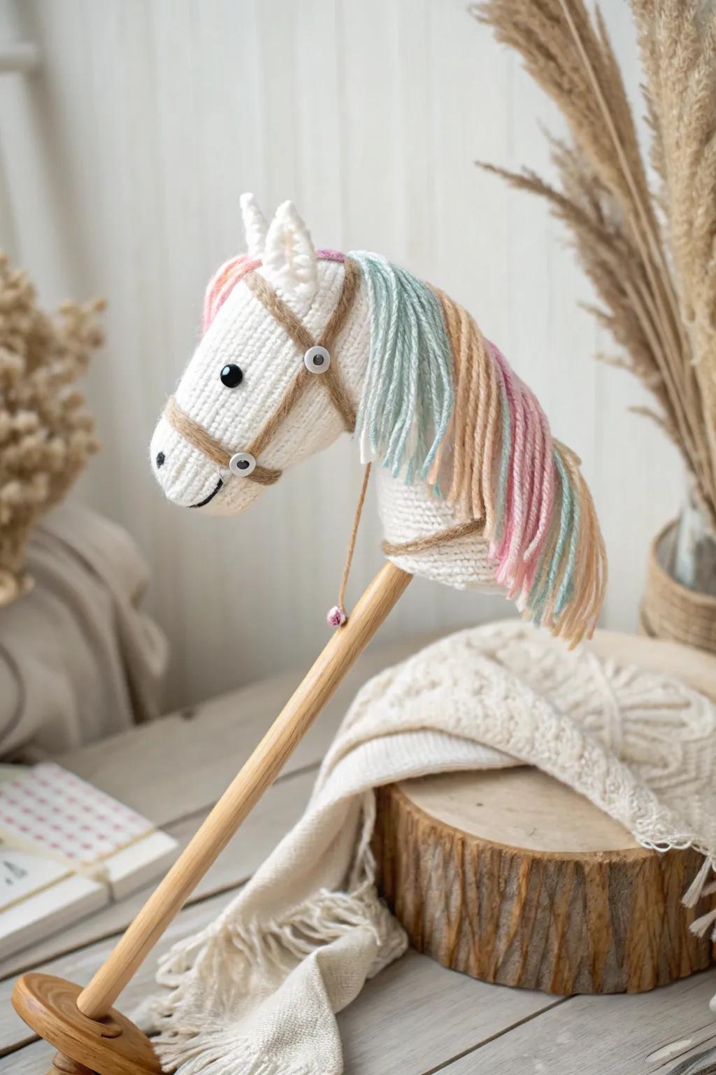 Enchanting playtime surprise: a stick horse with a magical, color-changing mane!